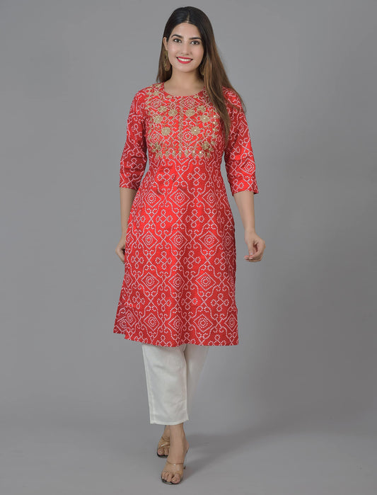 Straight Kurta Set Yoke Embroidery Red Kurti With White Pant and Chiffon Dupatta
