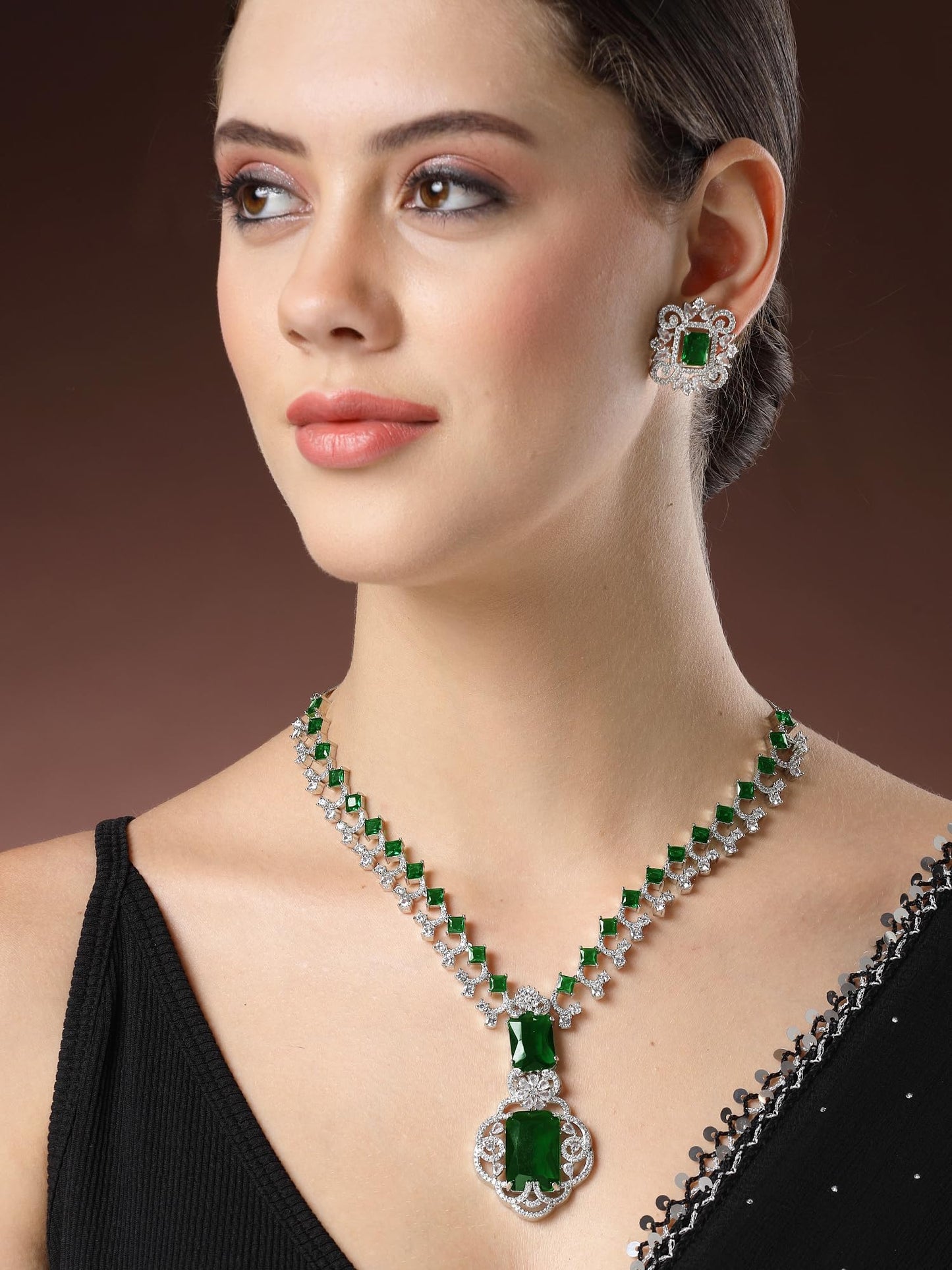 Silver Tone Green American Diamond Studded Necklace Set for Women