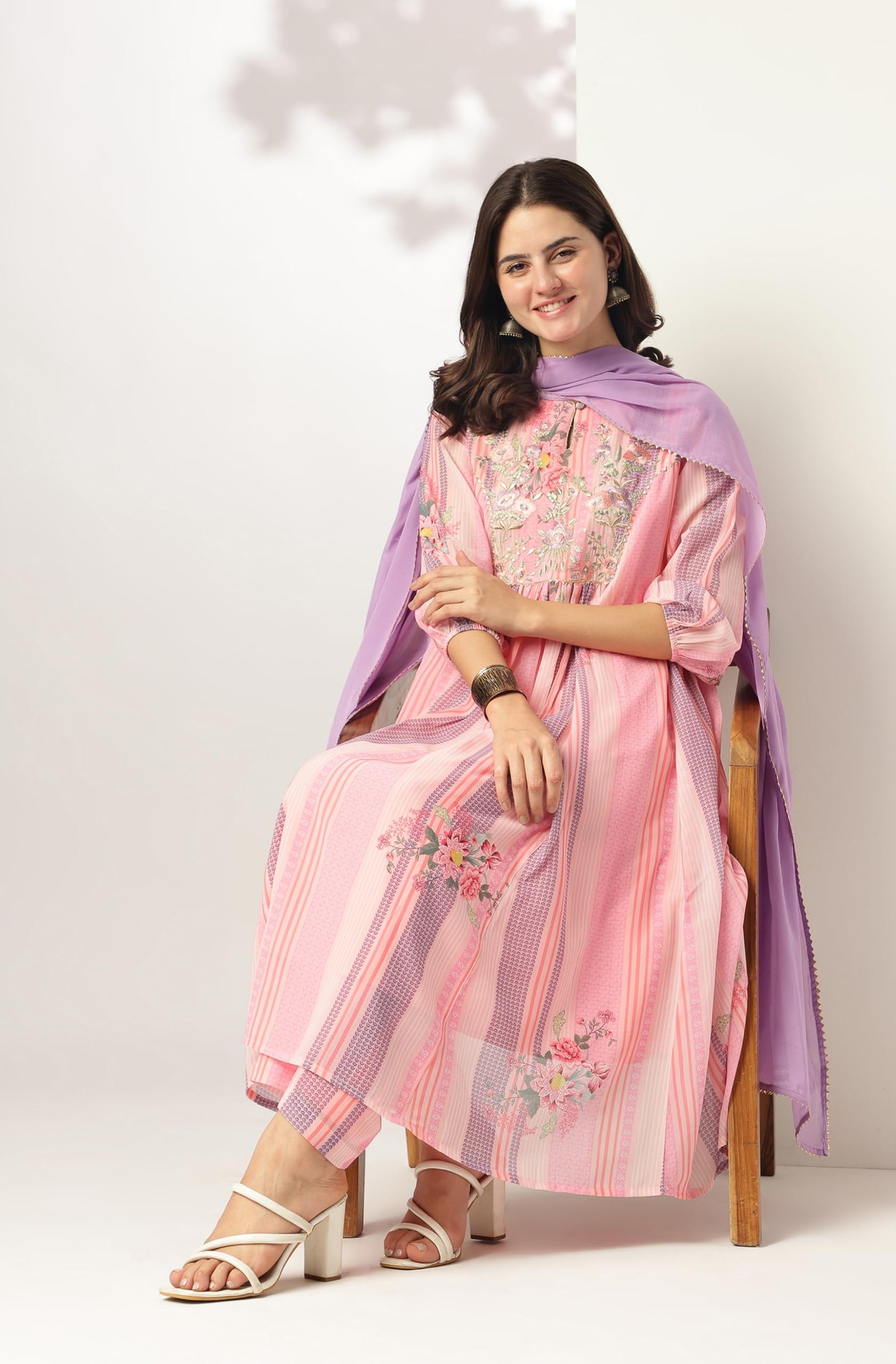 Pink Embroidered Balloon Sleeve Festive Calf Length Kurti Set