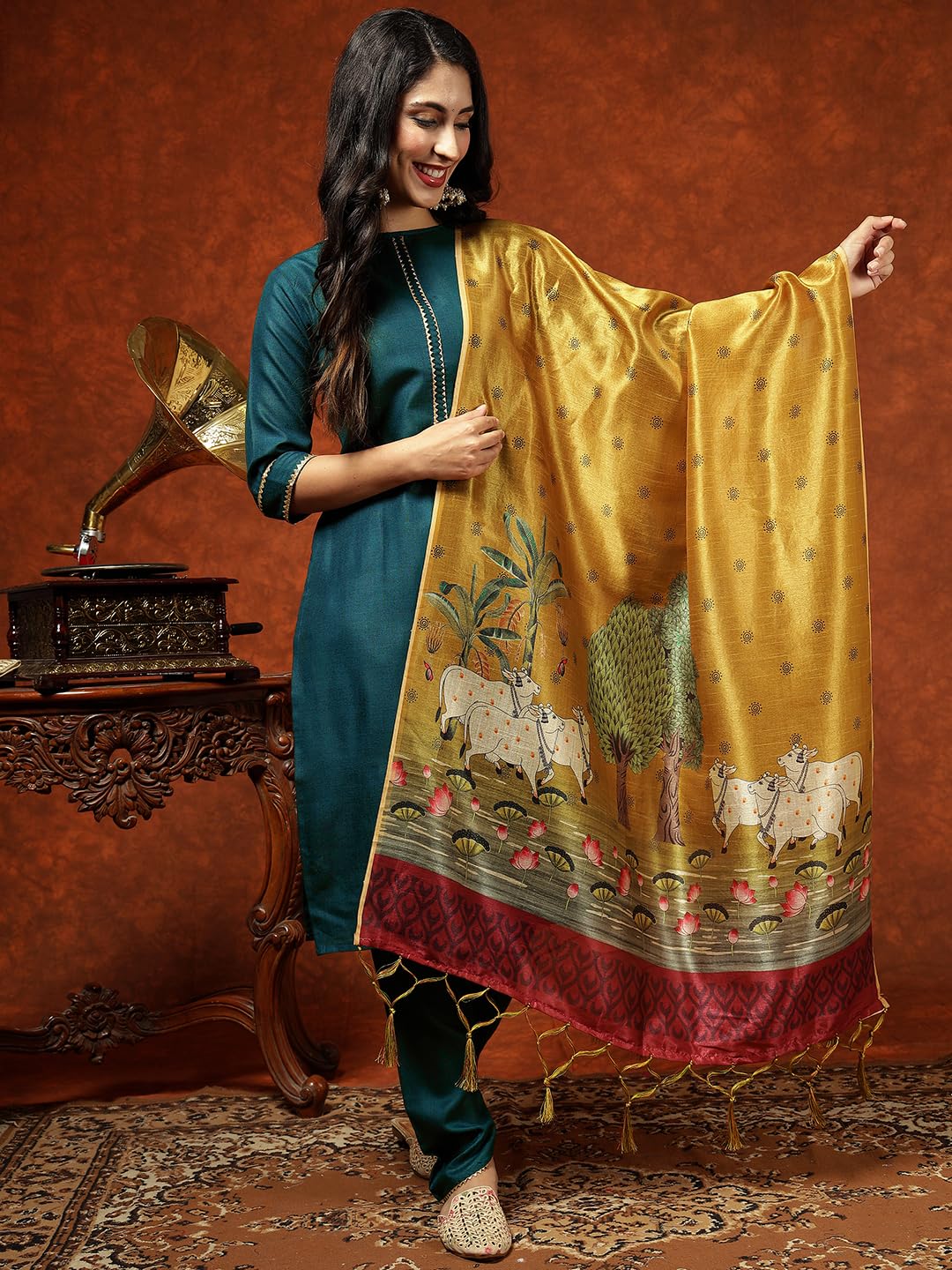 Cotton Blend Straight Kurta Pant with Print Dupatta