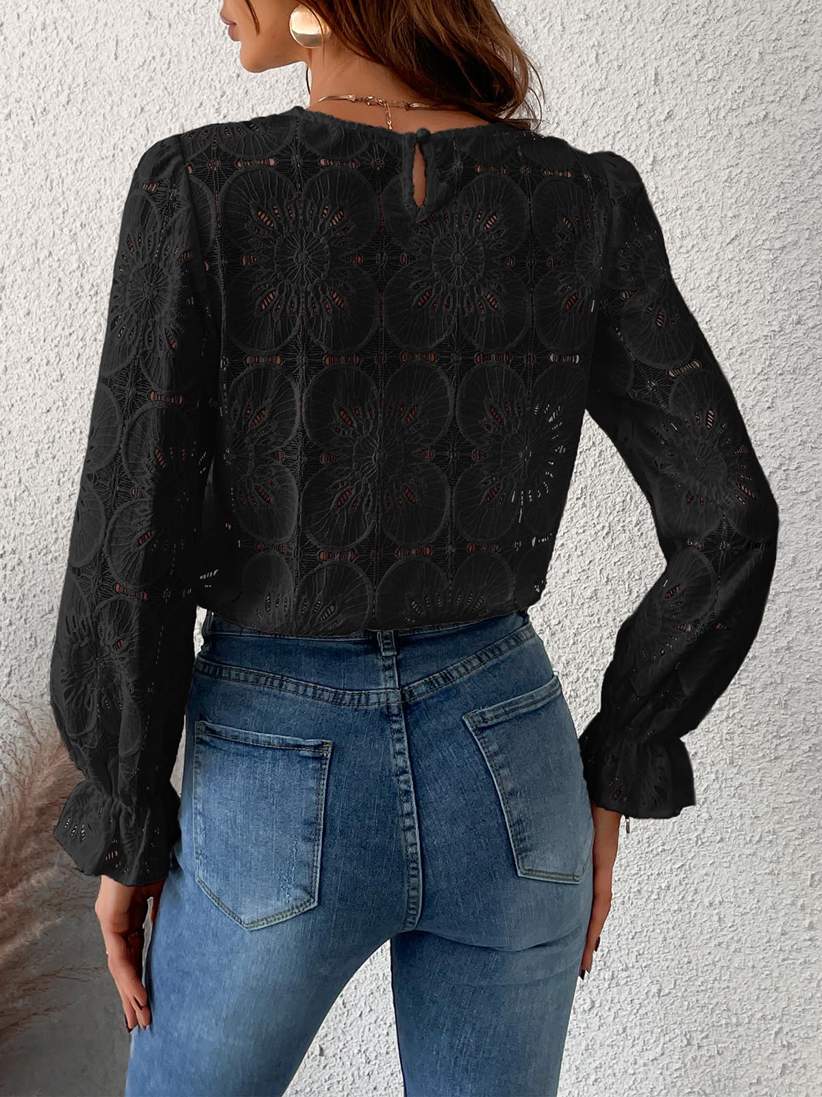 Women Eyelet Long Sleeve Tops Shirts Dressy Hollow Out Crochet Lace Embroidered