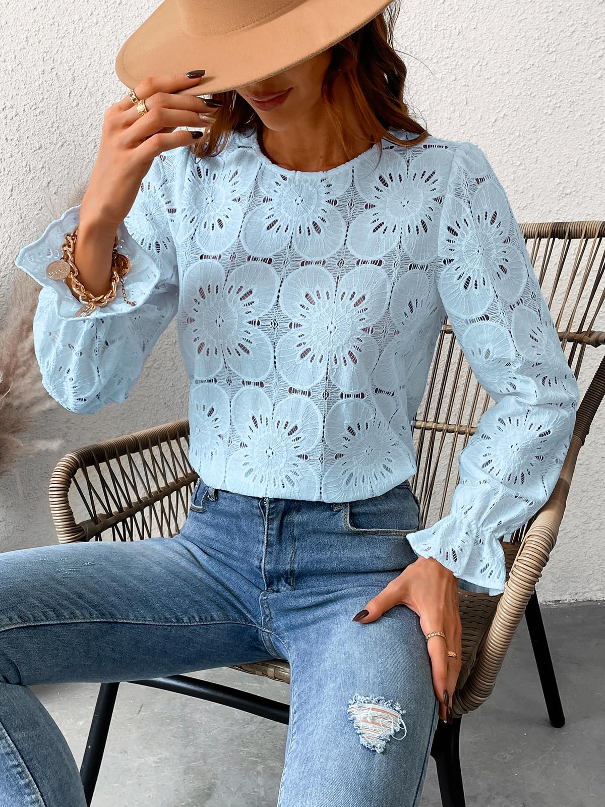 Women Eyelet Long Sleeve Tops Shirts Dressy Hollow Out Crochet Lace Embroidered