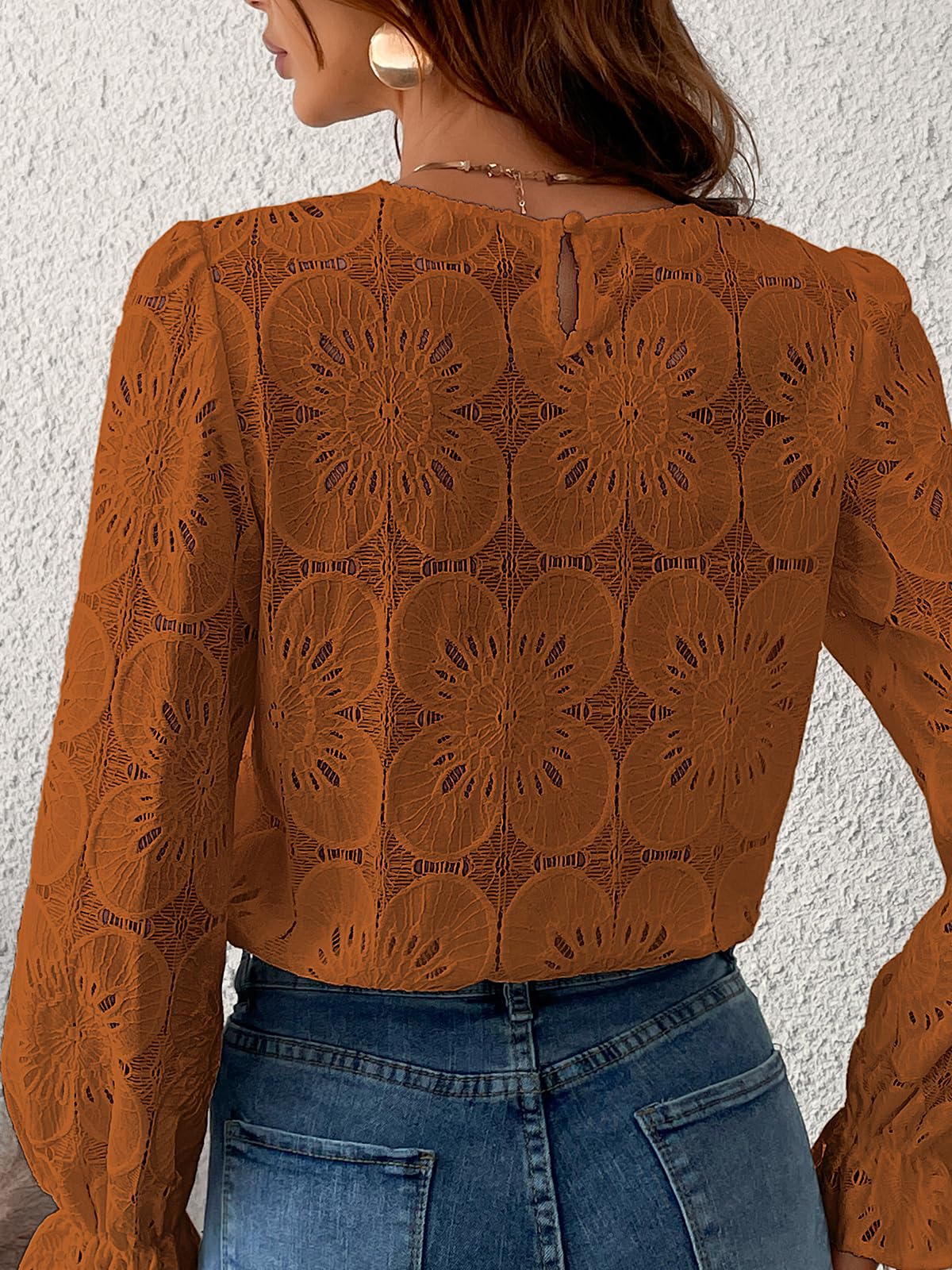 Women Eyelet Long Sleeve Tops Shirts Dressy Hollow Out Crochet Lace Embroidered