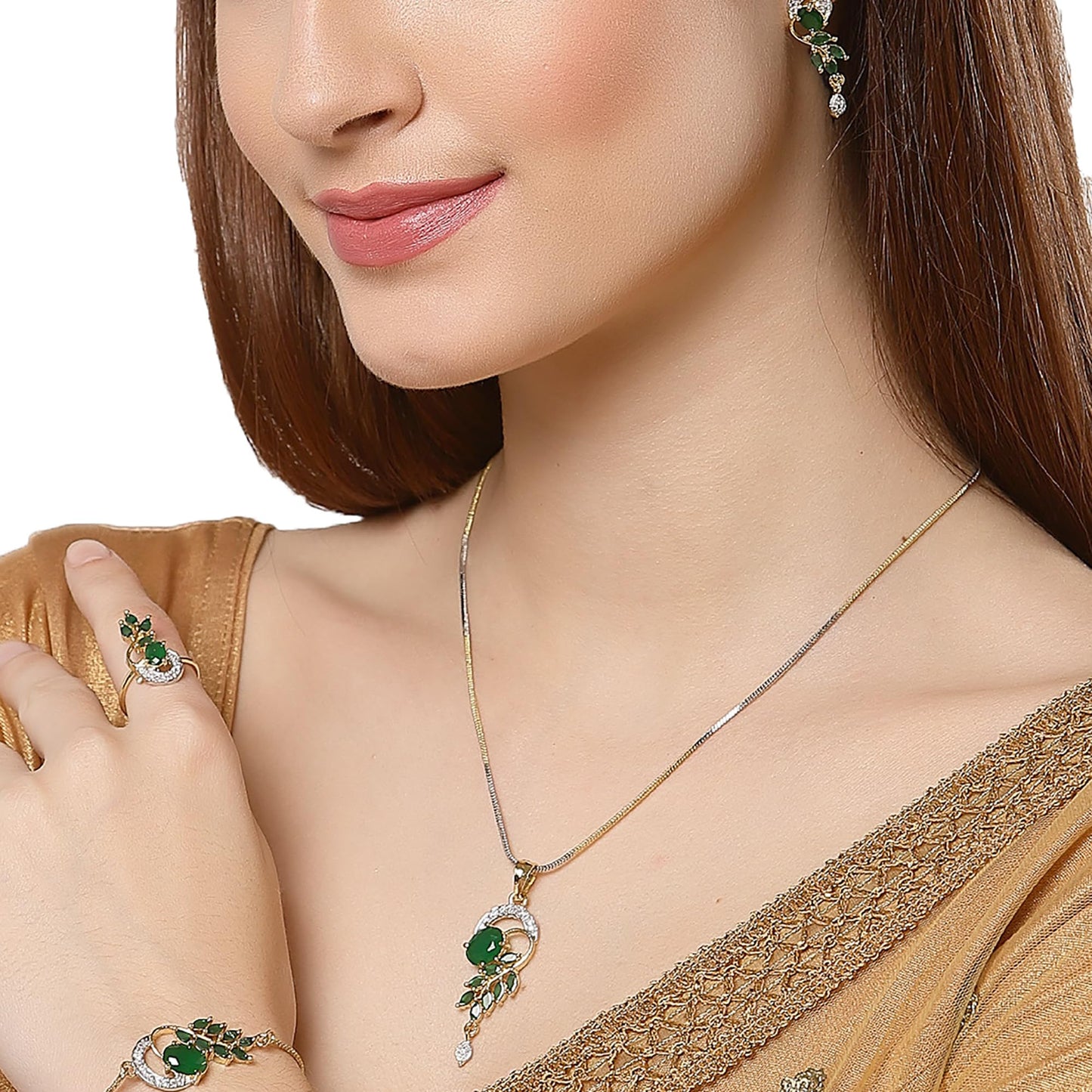 American Diamond Gold Plated Traditional Style Necklace Pendant Set, Ring, Bracelet with Earring Jewellery