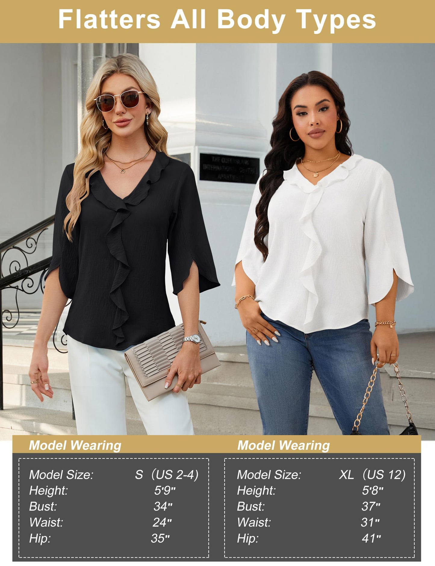 Dressy Casual  3/4 Sleeve V Neck Ruffle Tops