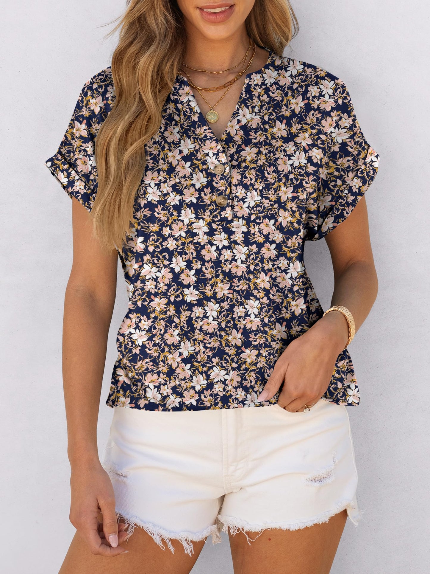 Short Sleeve Henley Tops V Neck Dressy Casual Loose Fit