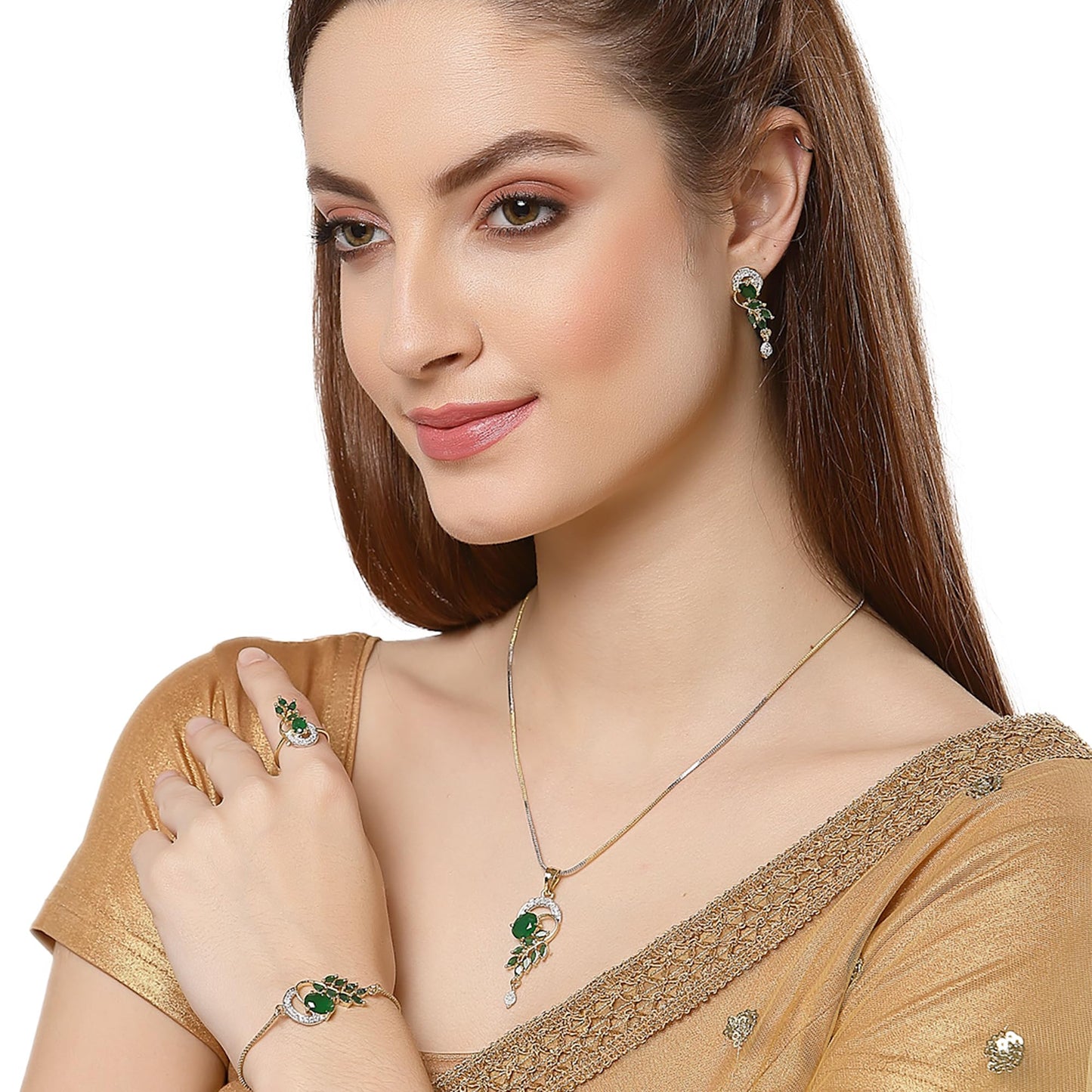 American Diamond Gold Plated Traditional Style Necklace Pendant Set, Ring, Bracelet with Earring Jewellery