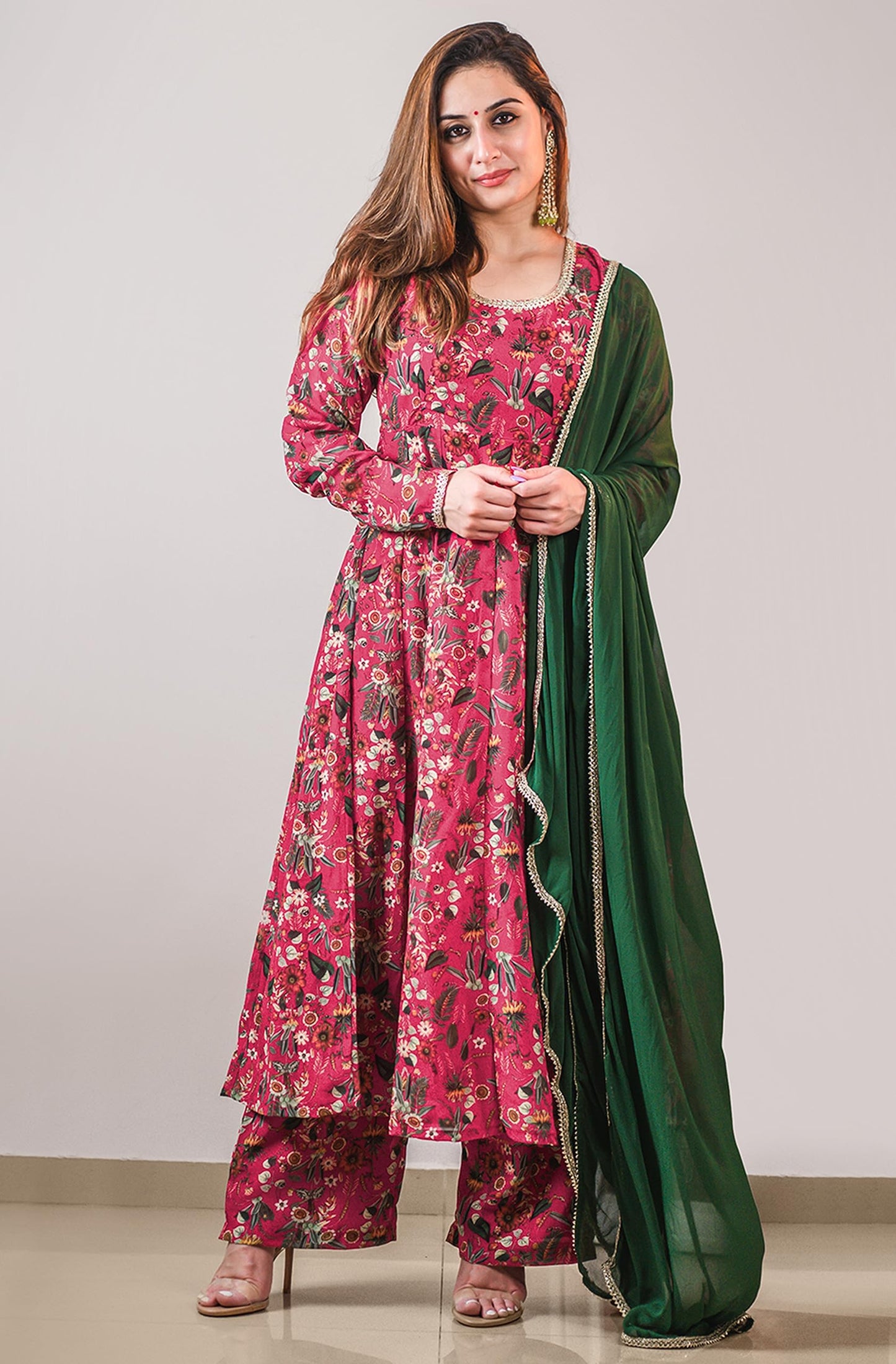 Flowy Floral Printed Kurti Festive Wedding Party wear KurtI with Pant and Dupatta Pink
