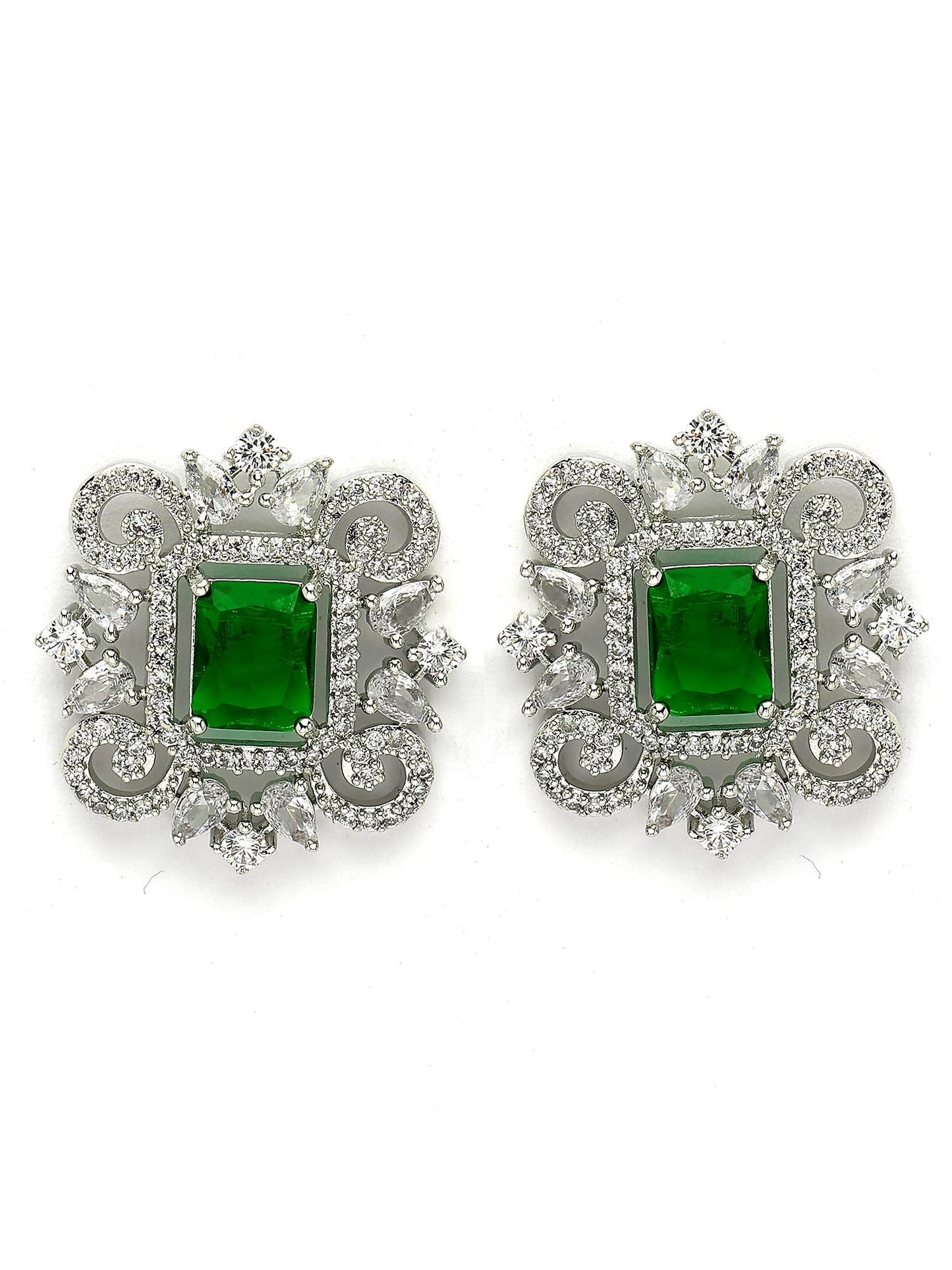 Silver Tone Green American Diamond Studded Necklace Set for Women