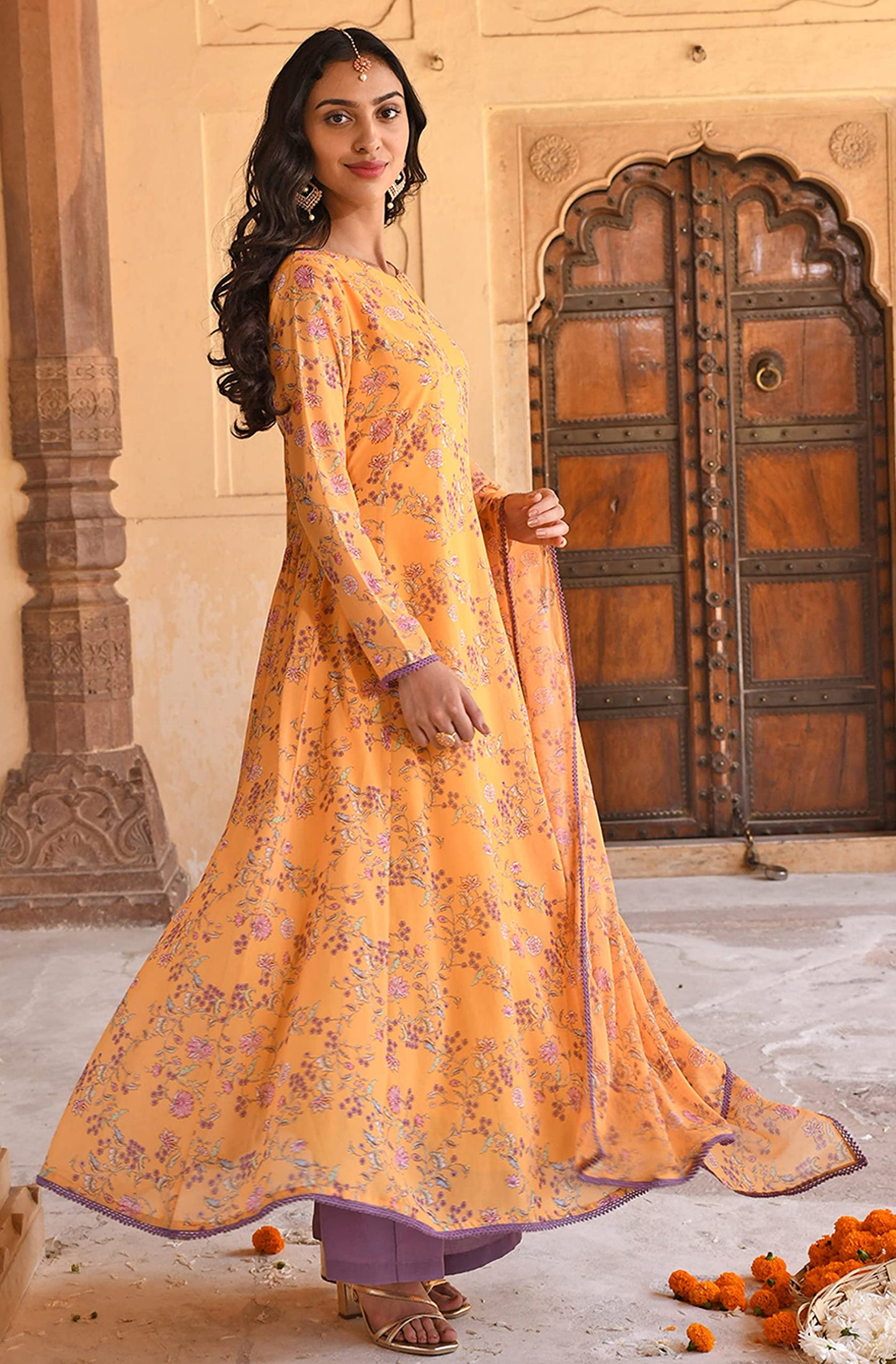 Yellow Flowy Printed Kurti Festive Evening wear Kurta Set with Dupatta