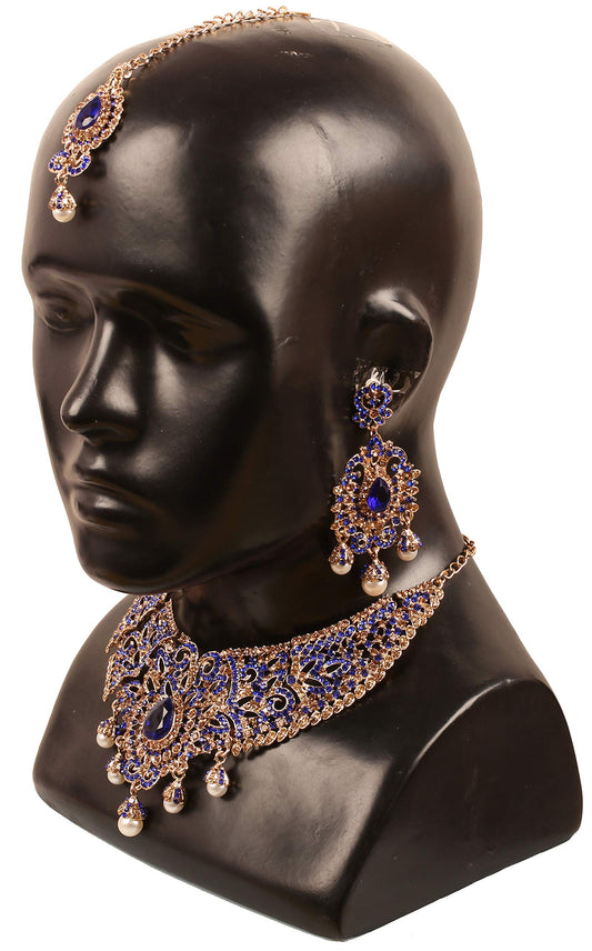 Charming Studded Diamond Look Fine Filigree Rhinestones Heavy Bridal Jewelry Hasli Necklace Set in Antique Gold Tone for Women
