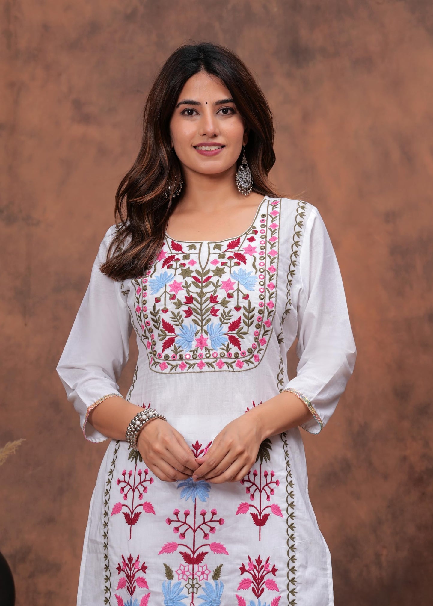 Hand Embroidered Kurti Chikankari Straight Cotton Long Kurti