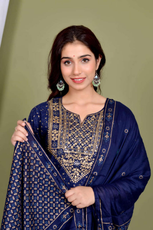Ethnic Wear Rayon Straight Embridered Kurti Pant Set with Dupatta