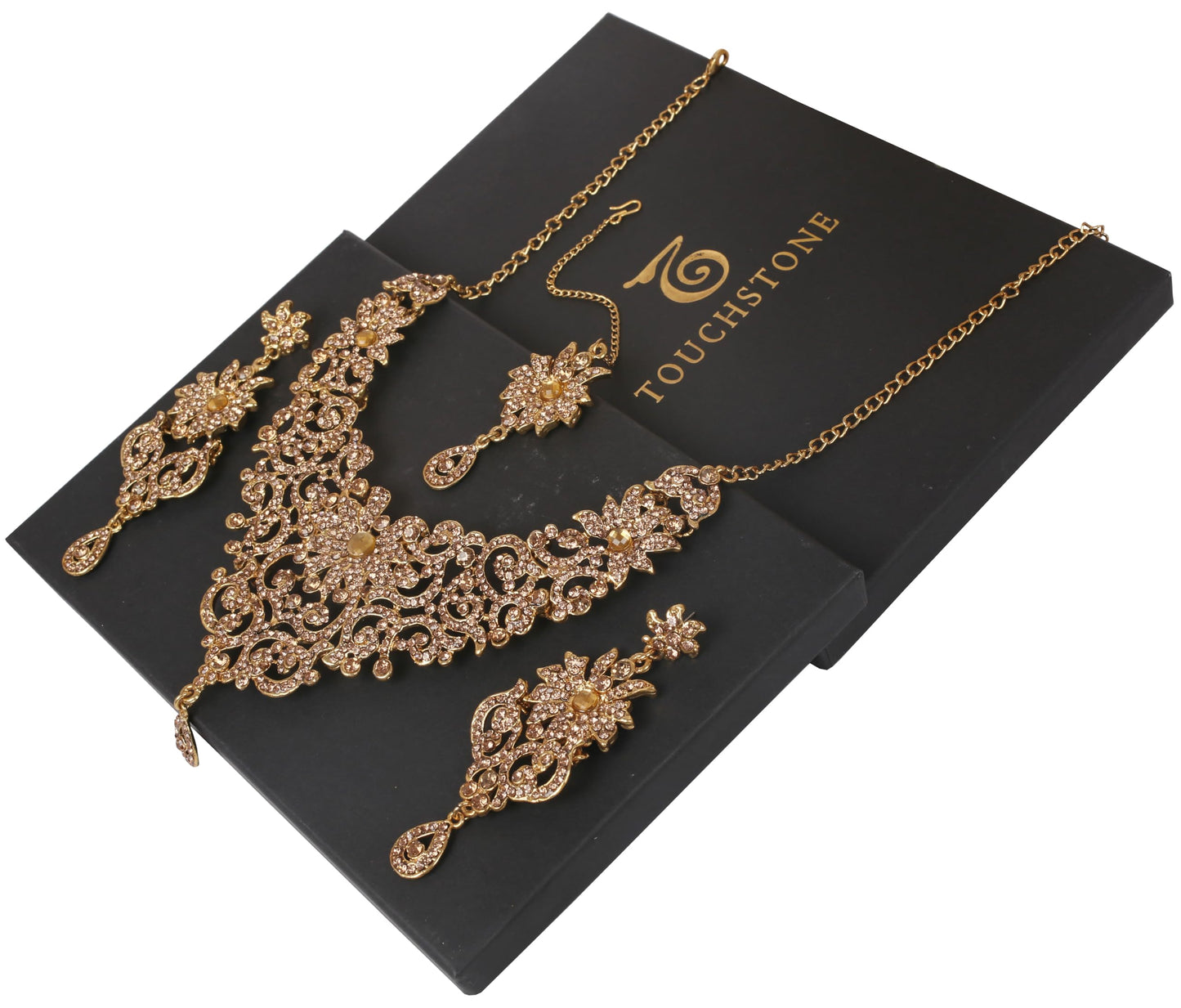 Sparkling Austrian Diamonds Alloy Metal Necklace Set with Maangtika for Women