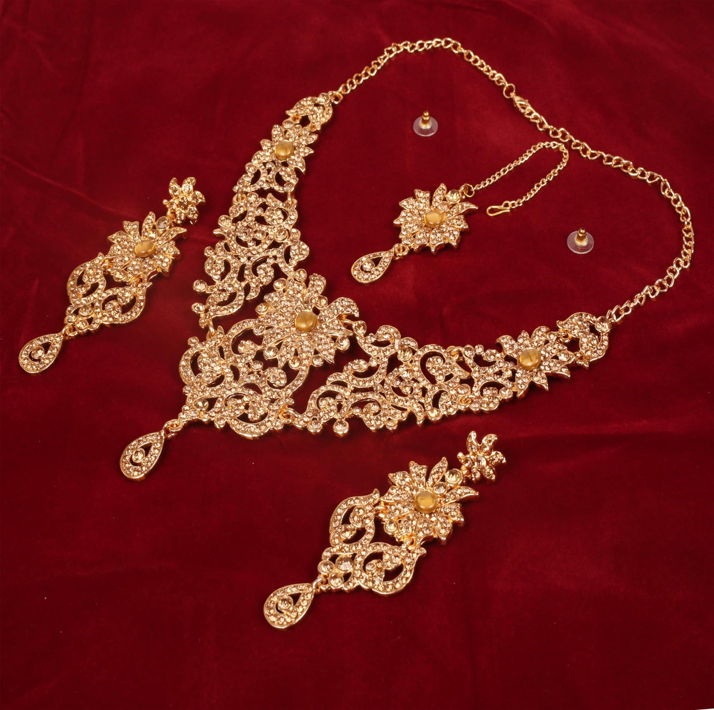 Sparkling Austrian Diamonds Alloy Metal Necklace Set with Maangtika for Women