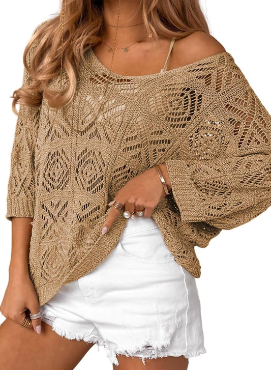 Women's 2025 Spring Summer Crochet Hollow Out 3/4 Sleeve Pullover Sweater Off Shoulder T-Shirts