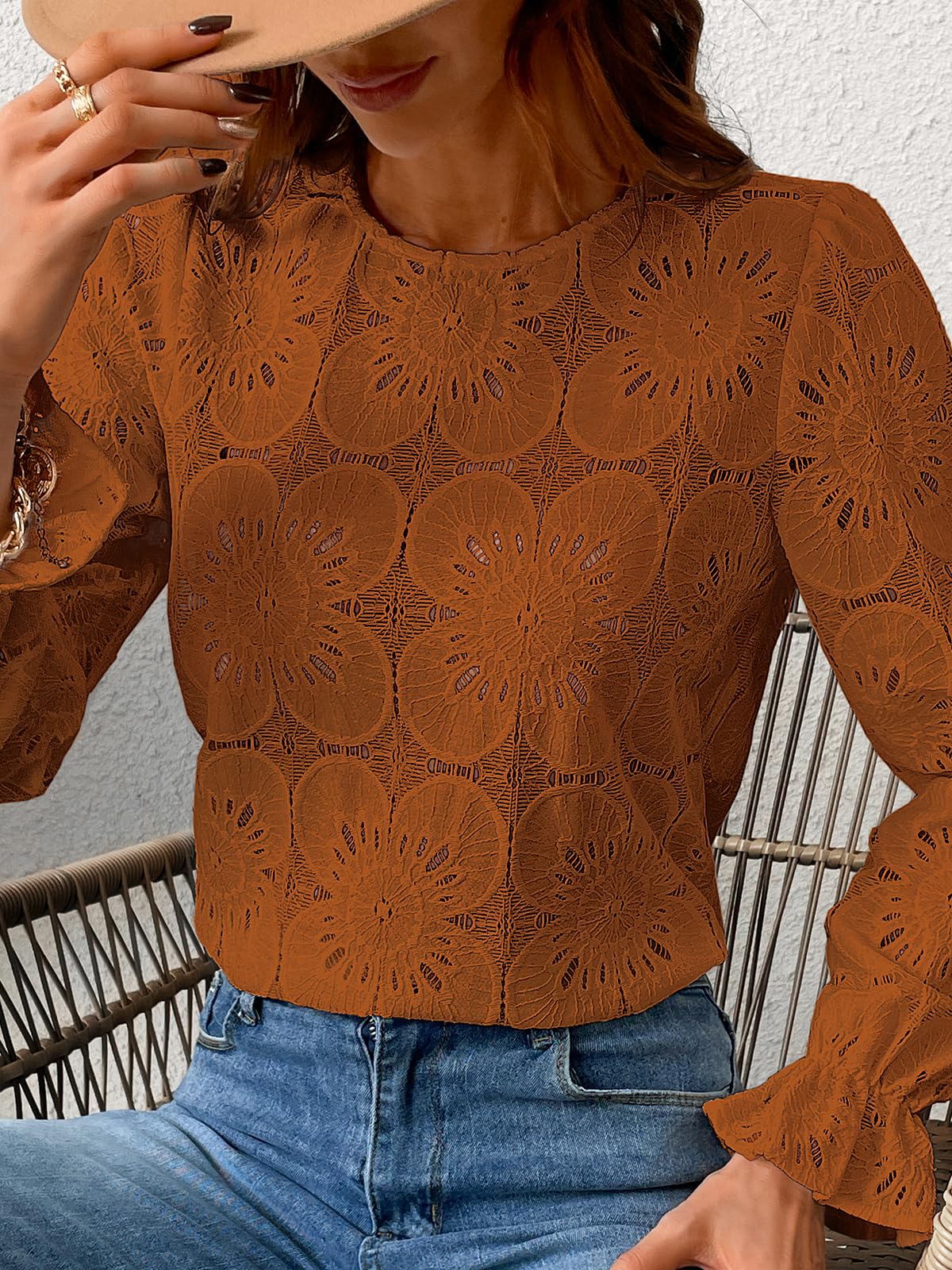 Women Eyelet Long Sleeve Tops Shirts Dressy Hollow Out Crochet Lace Embroidered