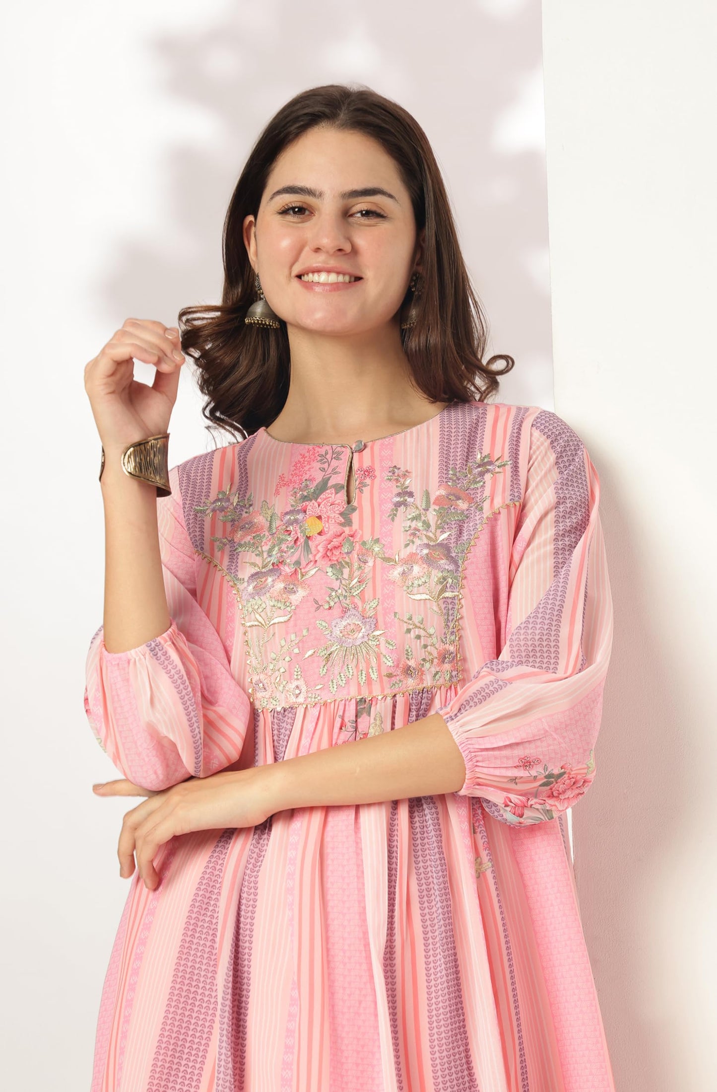 Pink Embroidered Balloon Sleeve Festive Calf Length Kurti Set