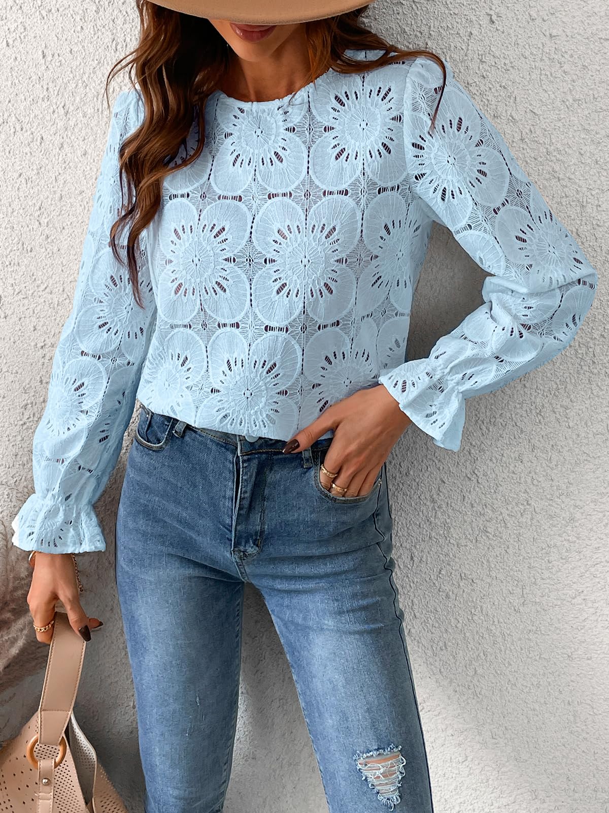 Women Eyelet Long Sleeve Tops Shirts Dressy Hollow Out Crochet Lace Embroidered