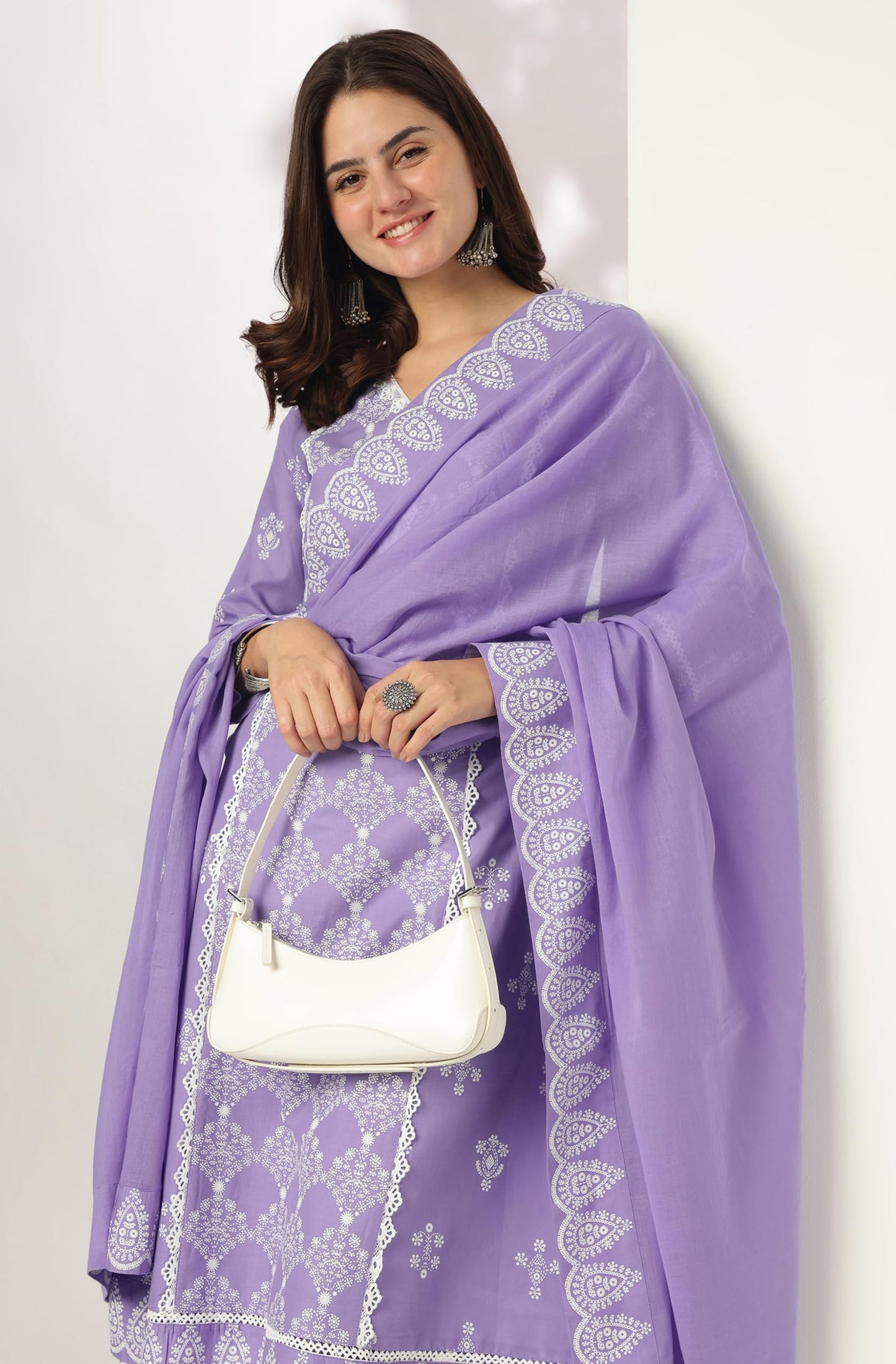 Lavender Pure Cotton Ethnic Motifs Printed A-line Kurta Set