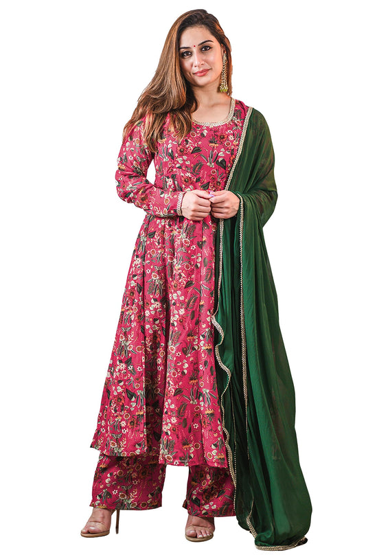 Flowy Floral Printed Kurti Festive Wedding Party wear KurtI with Pant and Dupatta Pink