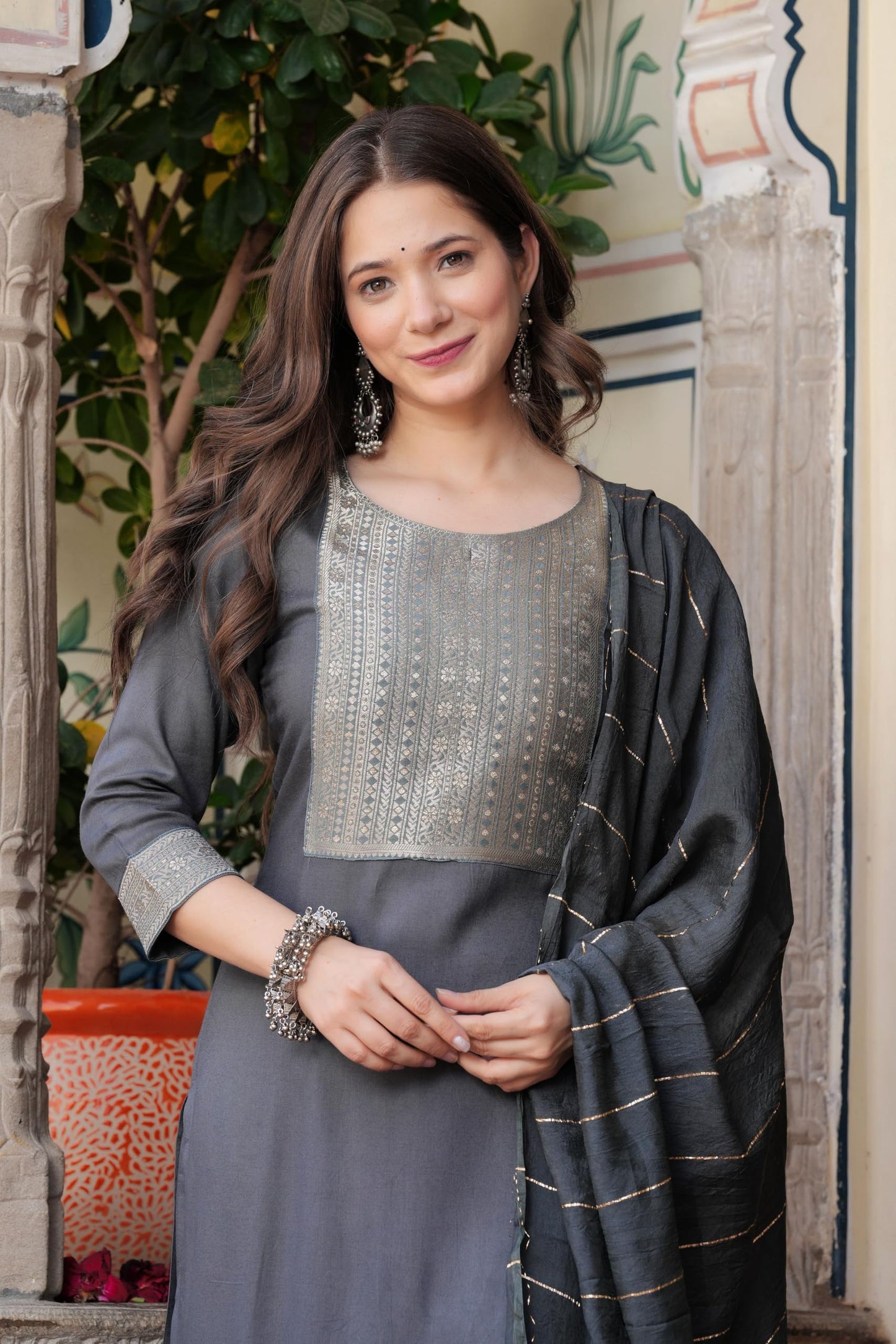 Solid Grey Rayon Kurti-Pajama – Straight Cut with Matching Dupatta