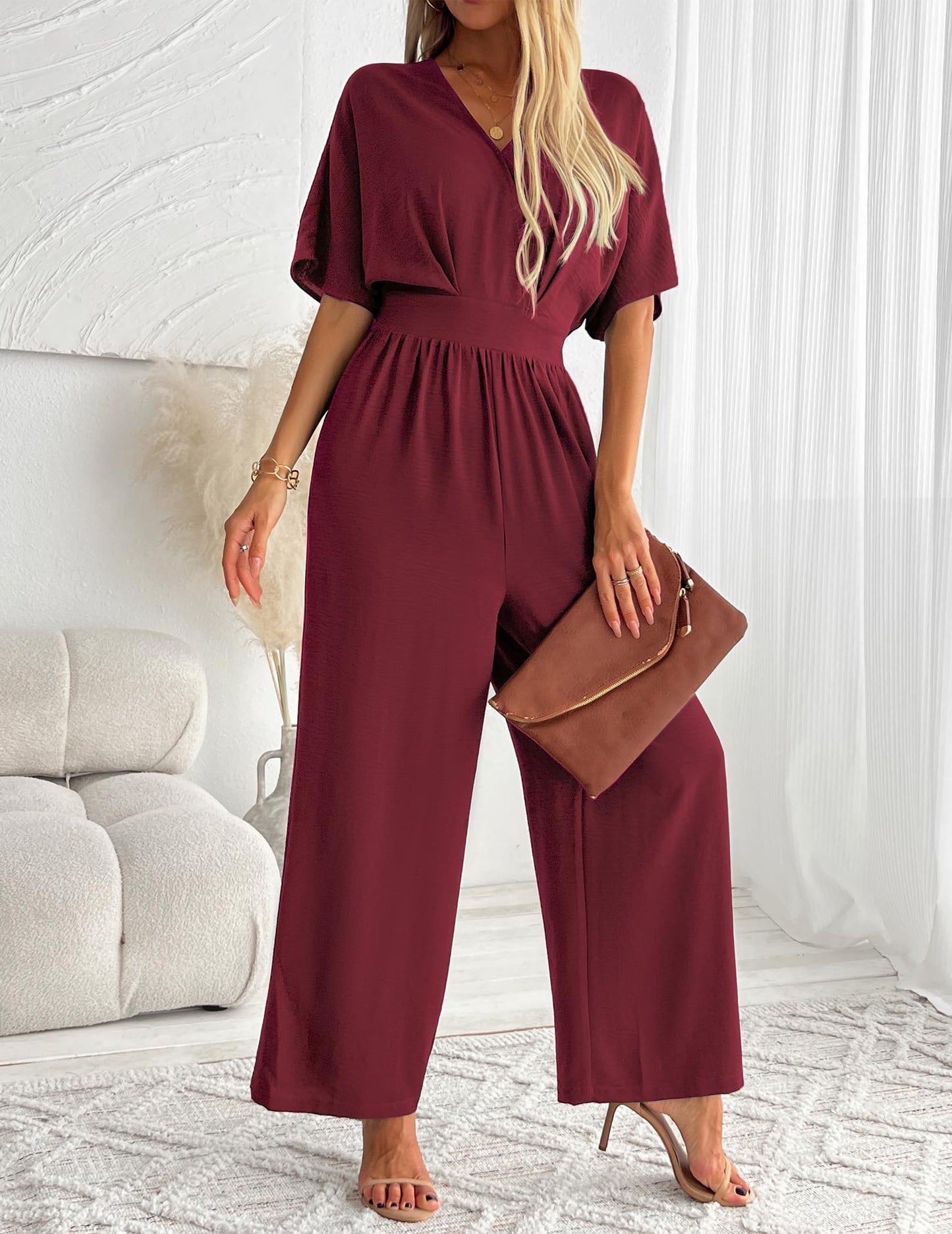 V Neck Wide Leg Pant Romper Casual Wedding Party One Piece Outfits Red