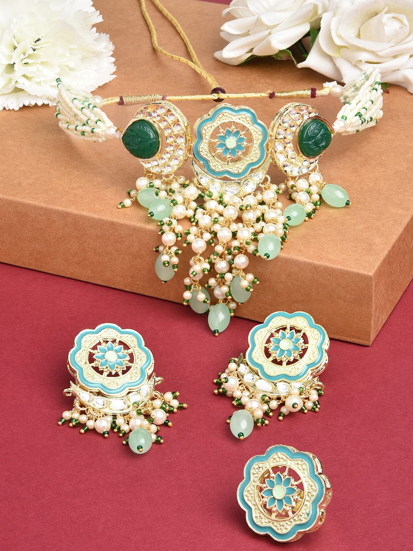 Turquoise Blue & Green Meenakari Cascading Waterfall Beads Necklace Earring & Ring Set For Women