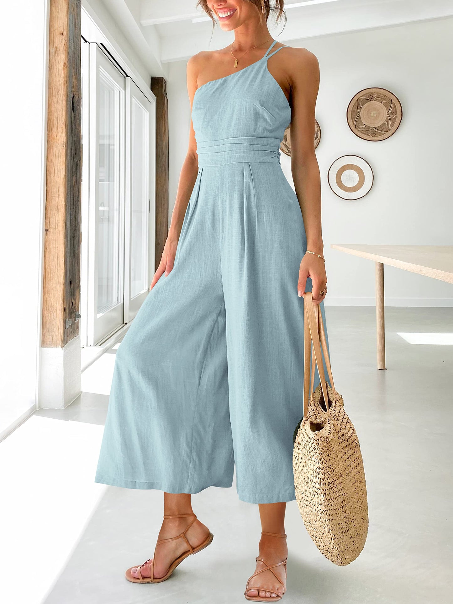 One Shoulder Pleated High Waist Casual Wide Leg Jumpsuit  with Pockets