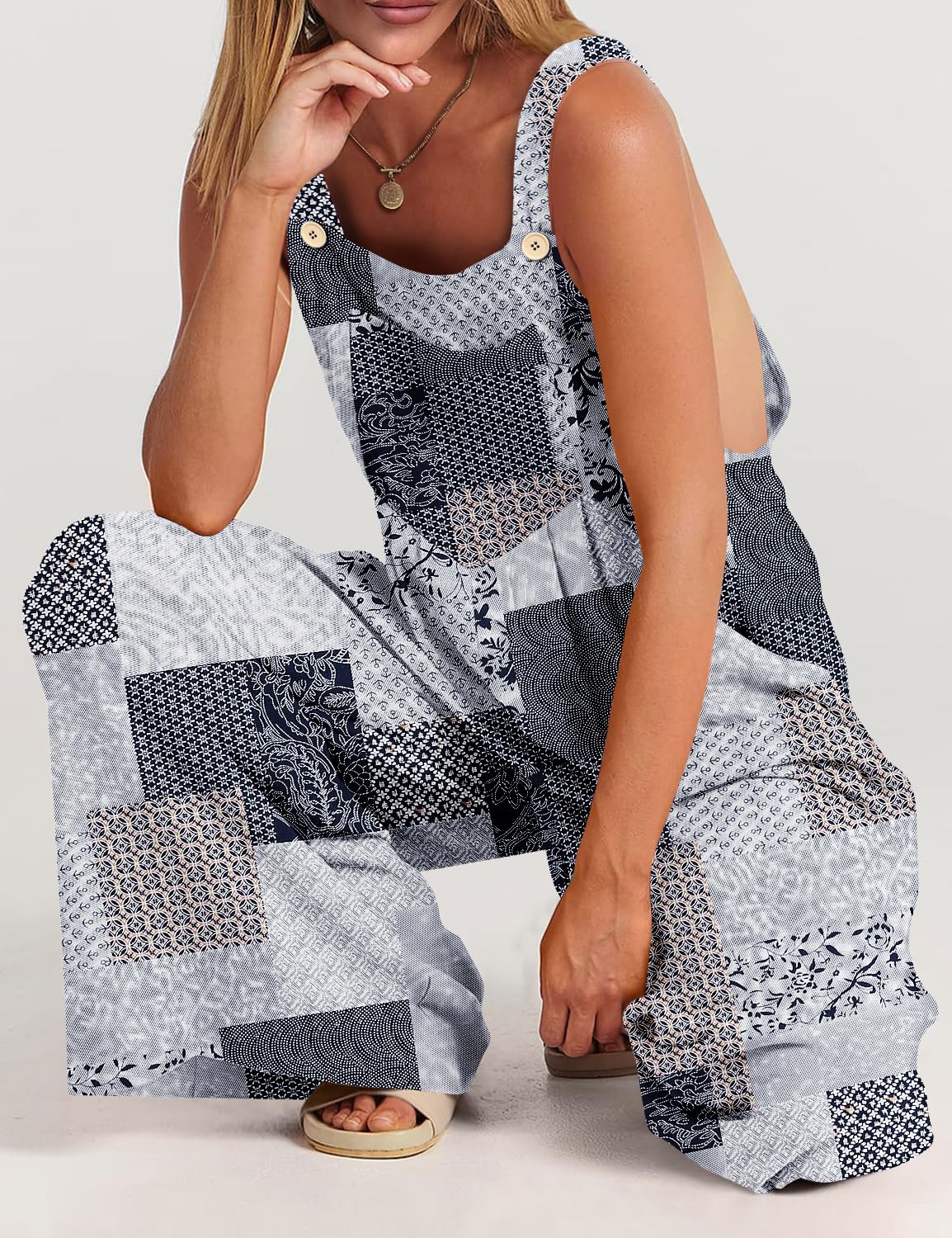 Casual Loose Summer Floral Adjustable Straps Wide Leg Overalls with Pockets