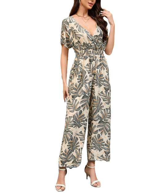 Floral Jumpsuit Jumpsuit Floating Short Sleeve V-Neck Elasticized Drawstring Jumpsuit with Pockets