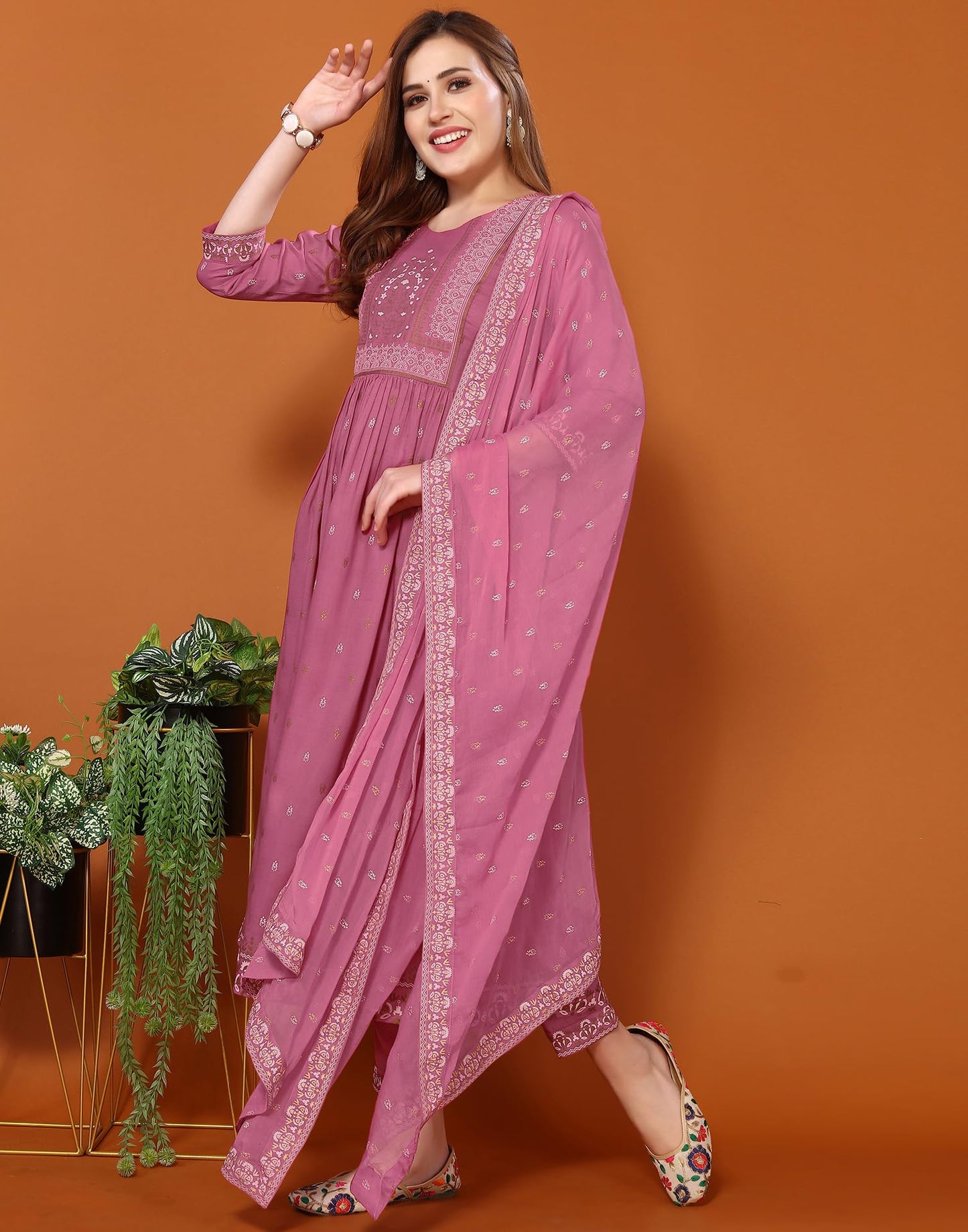 Cotton Silk Foil Printed Anarkali Kurta Pant With Dupatta Set
