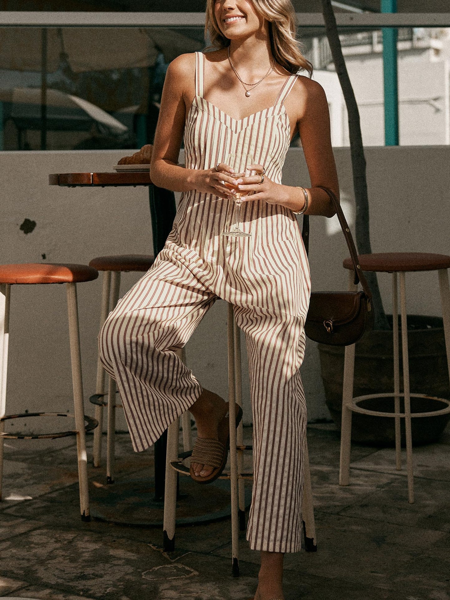 Striped Spaghetti Straps Sleeveless Smocked Cutout Back Wide Leg Summer Casual Jumper
