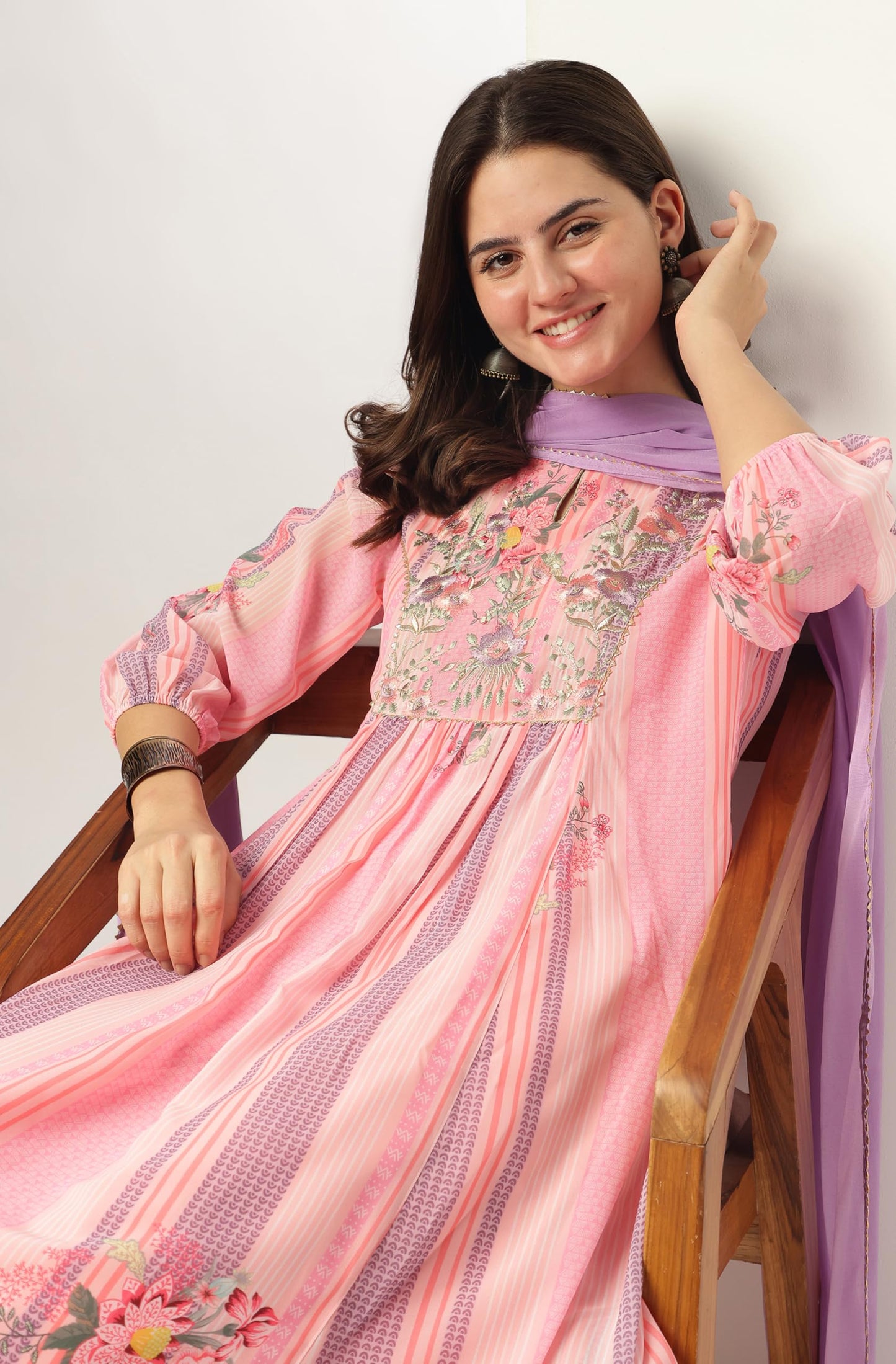Pink Embroidered Balloon Sleeve Festive Calf Length Kurti Set