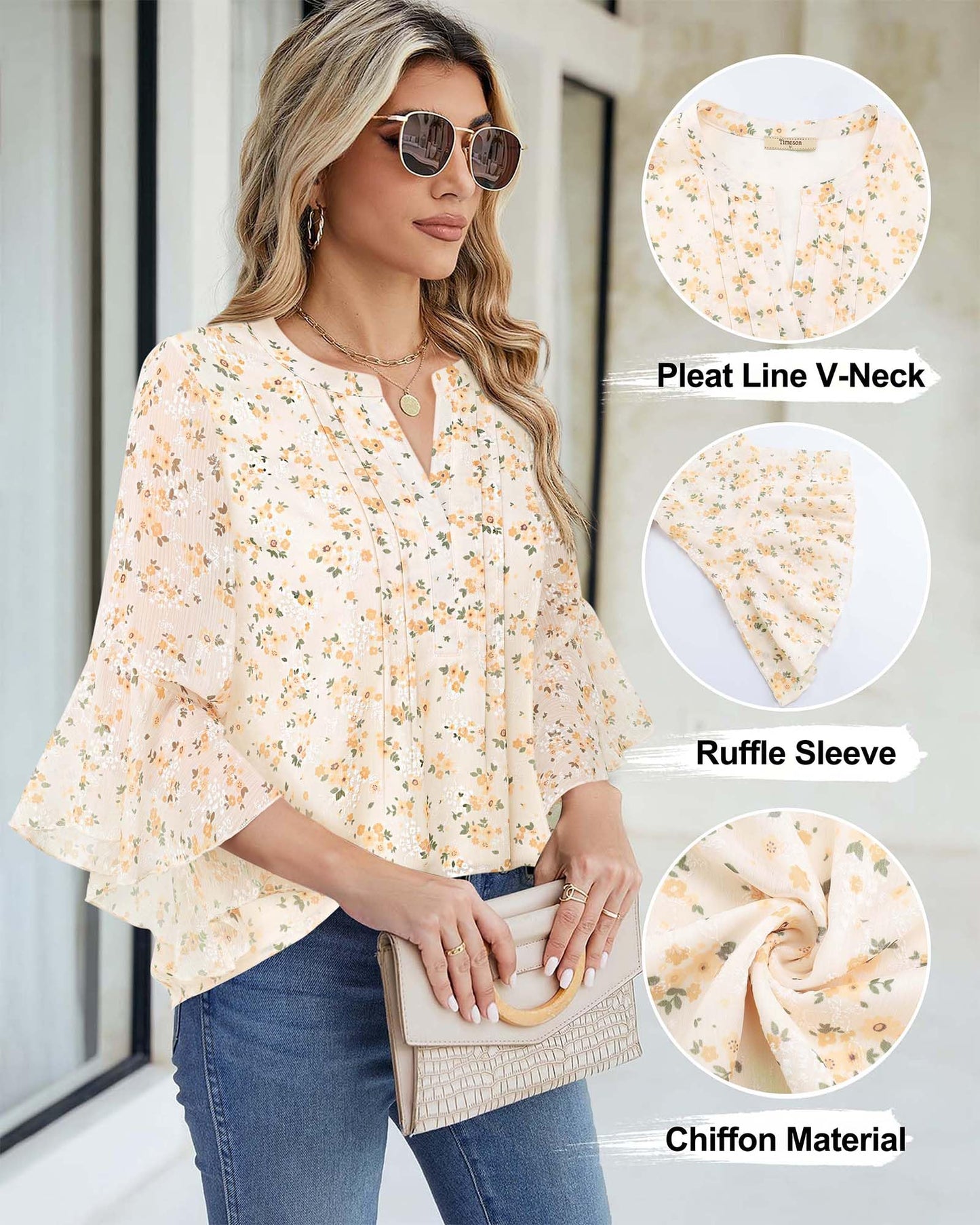 Women's 3/4 Sleeve Tops Dressy Casual Business Work Chiffon Office Shirts