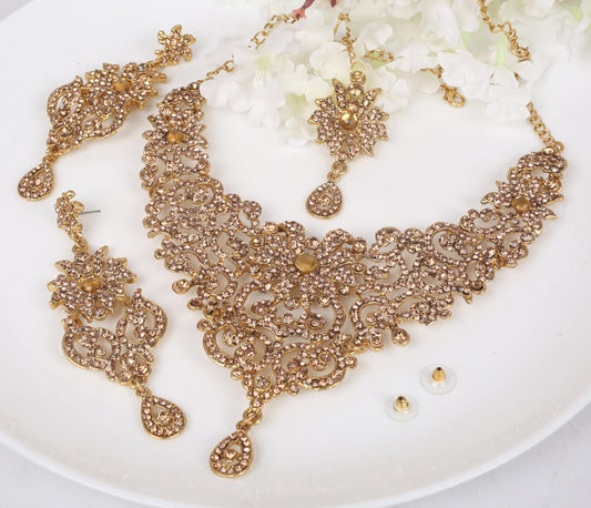 Sparkling Austrian Diamonds Alloy Metal Necklace Set with Maangtika for Women