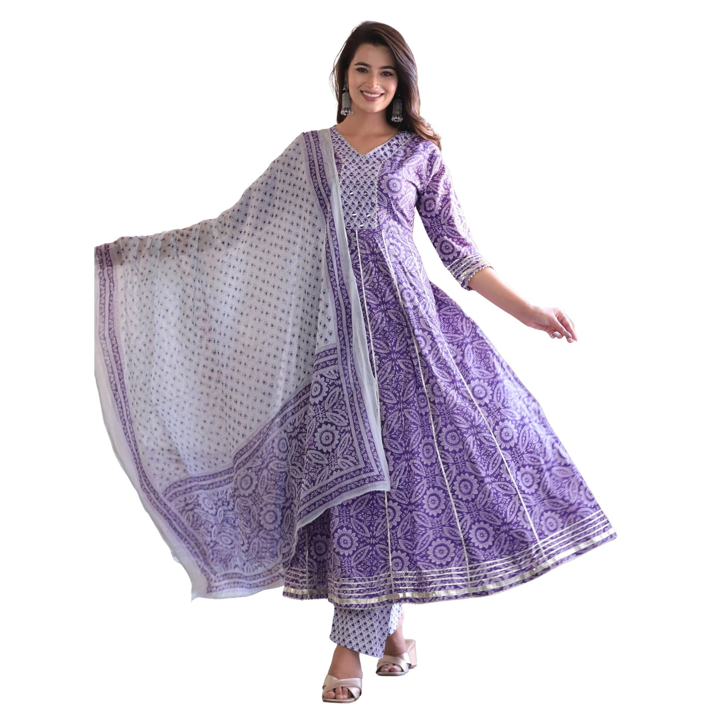 Cotton Anarkali Kurti Pant Set with Dupatta