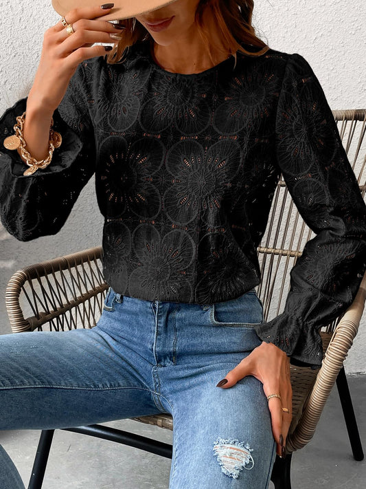 Women Eyelet Long Sleeve Tops Shirts Dressy Hollow Out Crochet Lace Embroidered