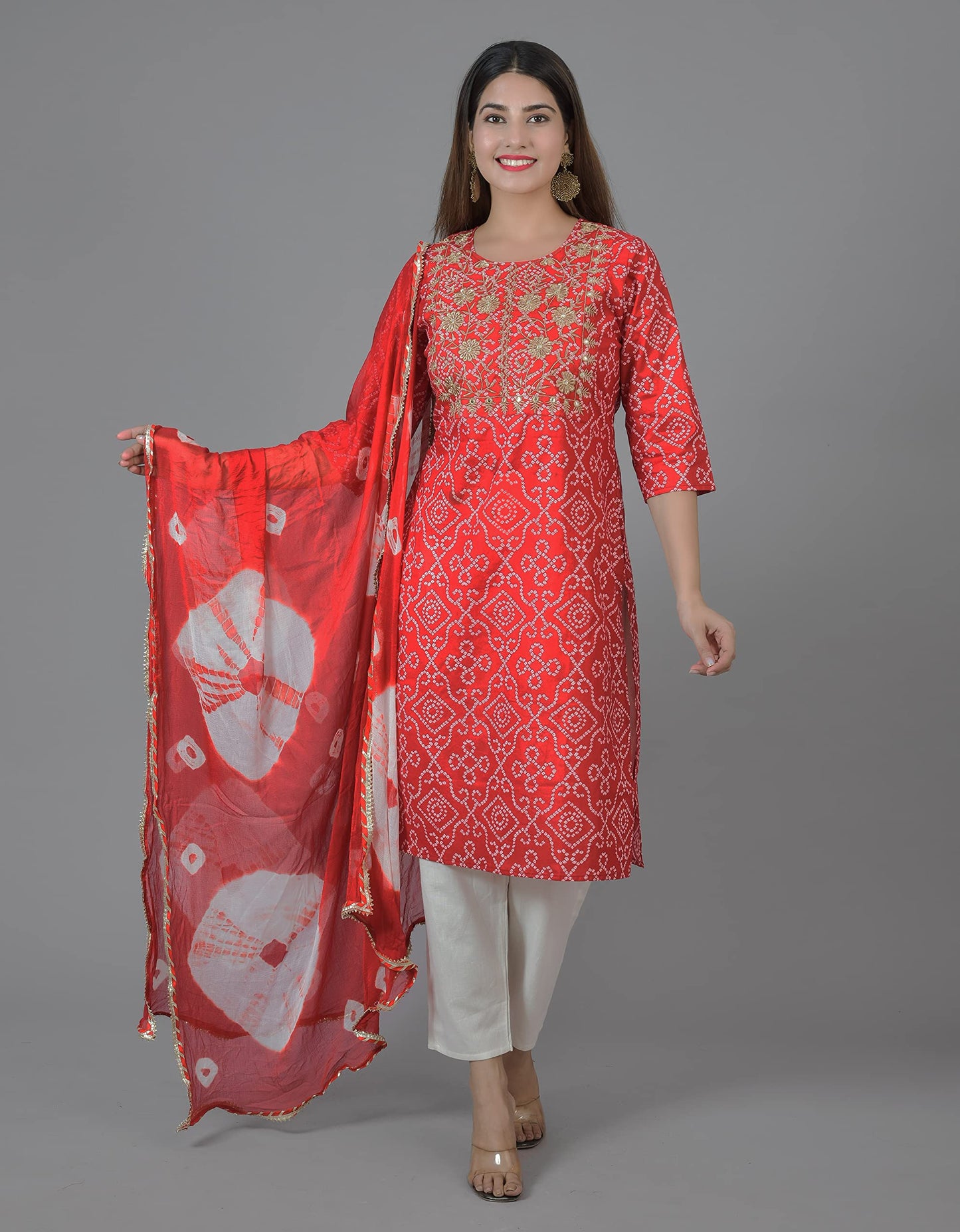 Straight Kurta Set Yoke Embroidery Red Kurti With White Pant and Chiffon Dupatta