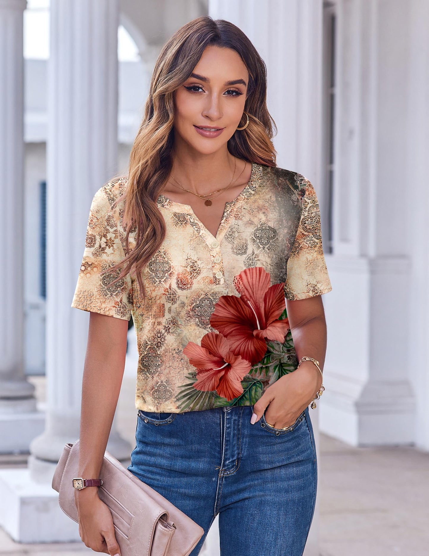 Womens Summer Tops Casual Short Sleeve V Neck Shirts