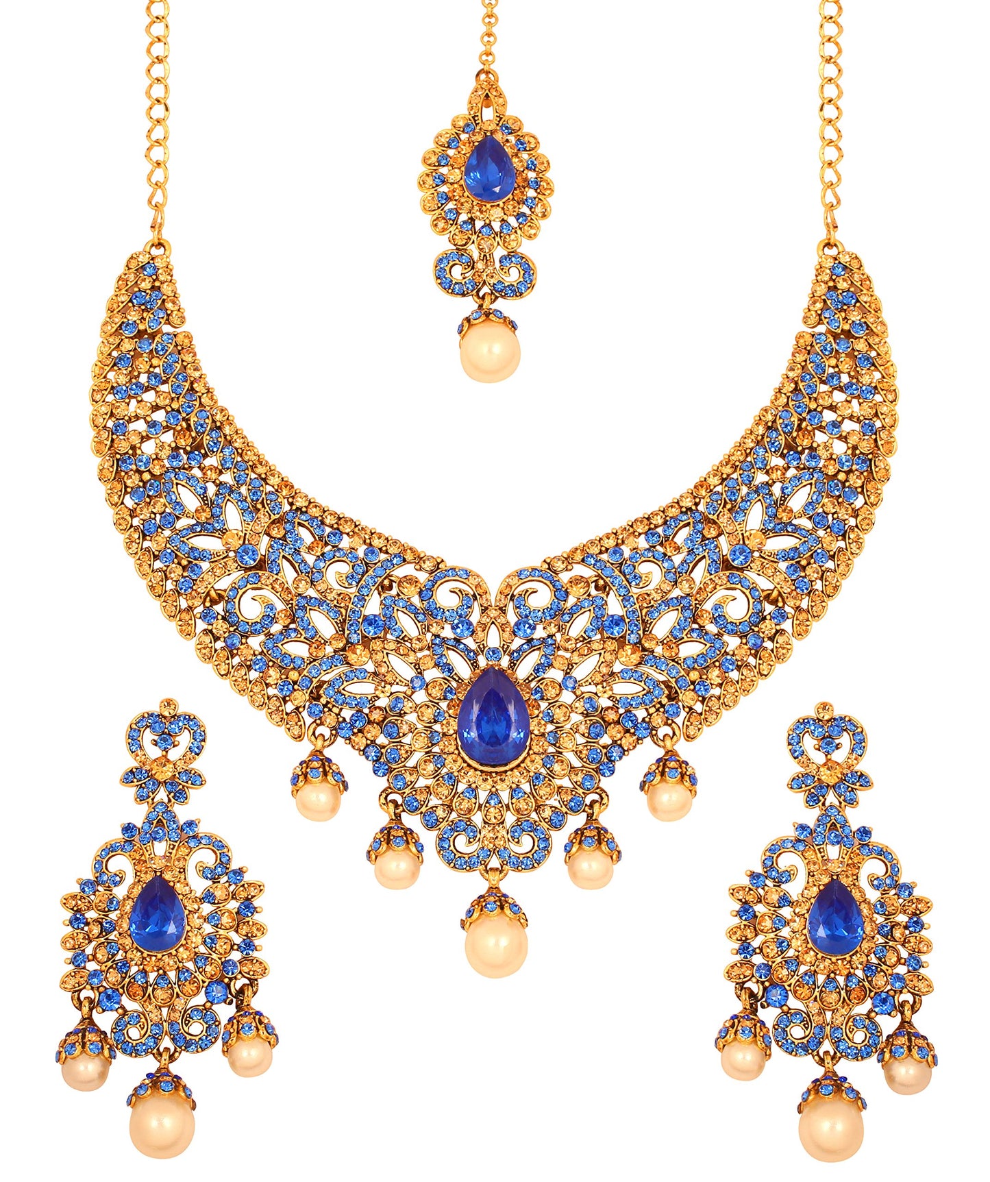 Charming Studded Diamond Look Fine Filigree Rhinestones Heavy Bridal Jewelry Hasli Necklace Set in Antique Gold Tone for Women