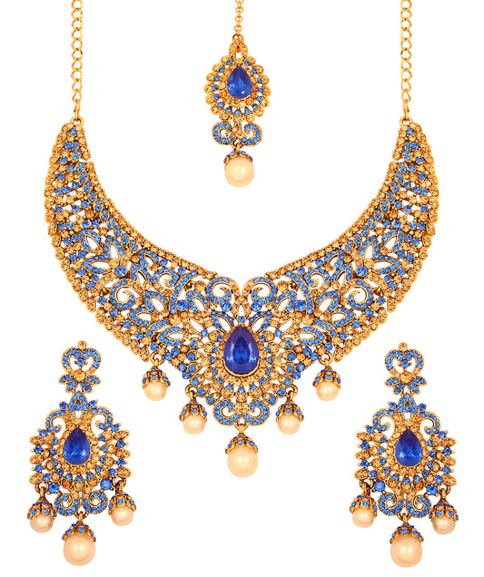 Charming Studded Diamond Look Fine Filigree Rhinestones Heavy Bridal Jewelry Hasli Necklace Set in Antique Gold Tone for Women