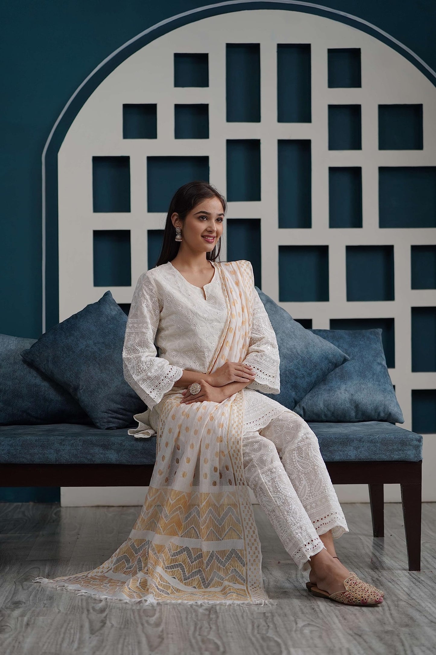 Chikankari Kurtis Set Cream White Kurti Pant & White Color Dupatta Set