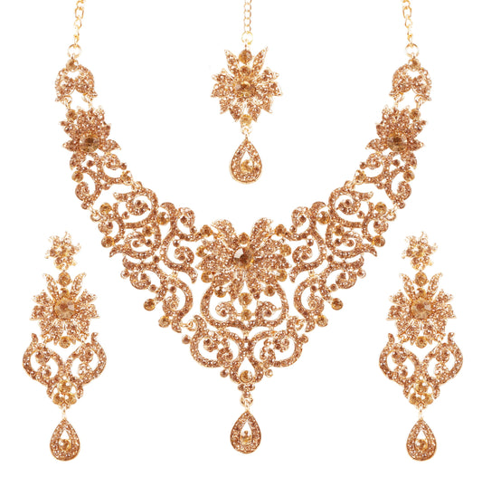 Sparkling Austrian Diamonds Alloy Metal Necklace Set with Maangtika for Women