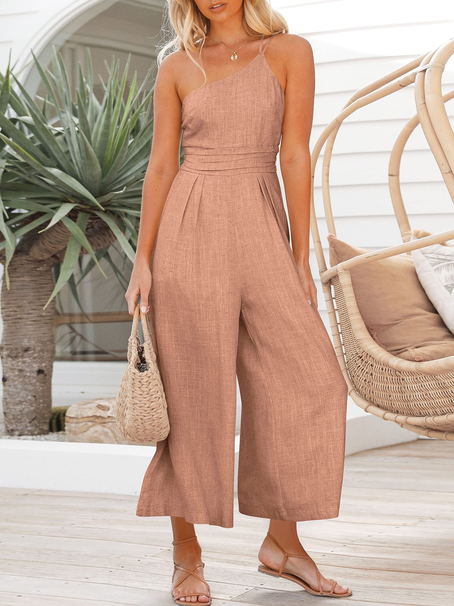 Straps One Shoulder Smocked Pleated Waist Casual Wide Leg Jumpsuit Romper with Pockets
