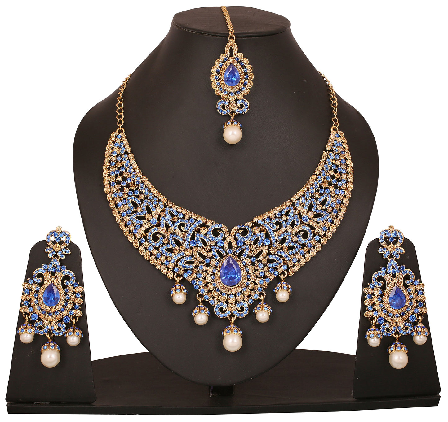 Charming Studded Diamond Look Fine Filigree Rhinestones Heavy Bridal Jewelry Hasli Necklace Set in Antique Gold Tone for Women
