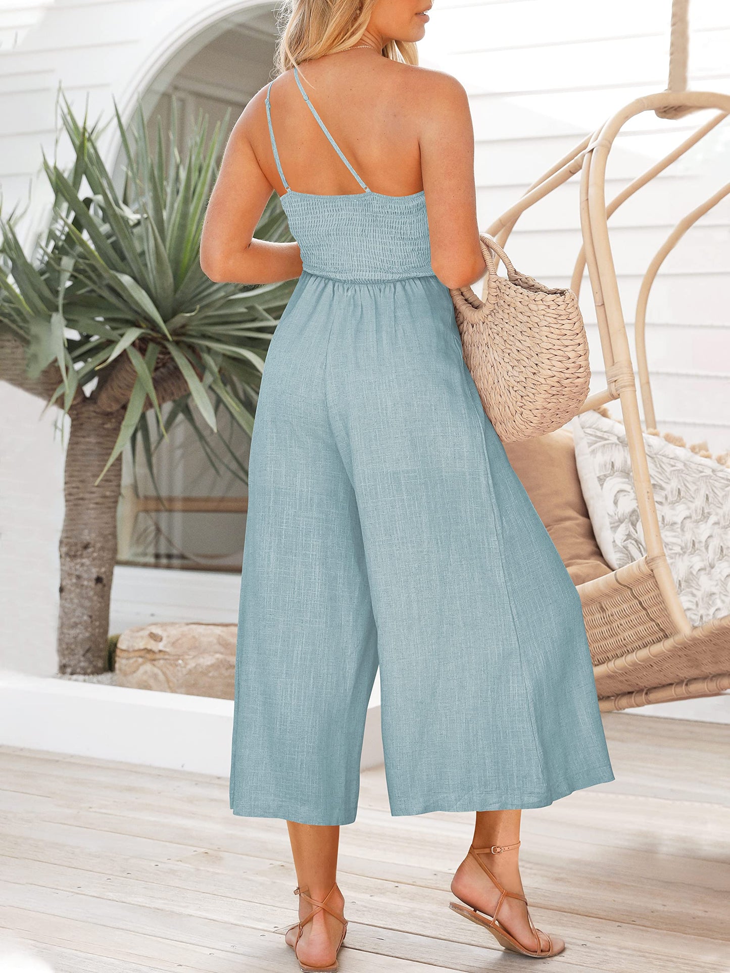 One Shoulder Pleated High Waist Casual Wide Leg Jumpsuit  with Pockets