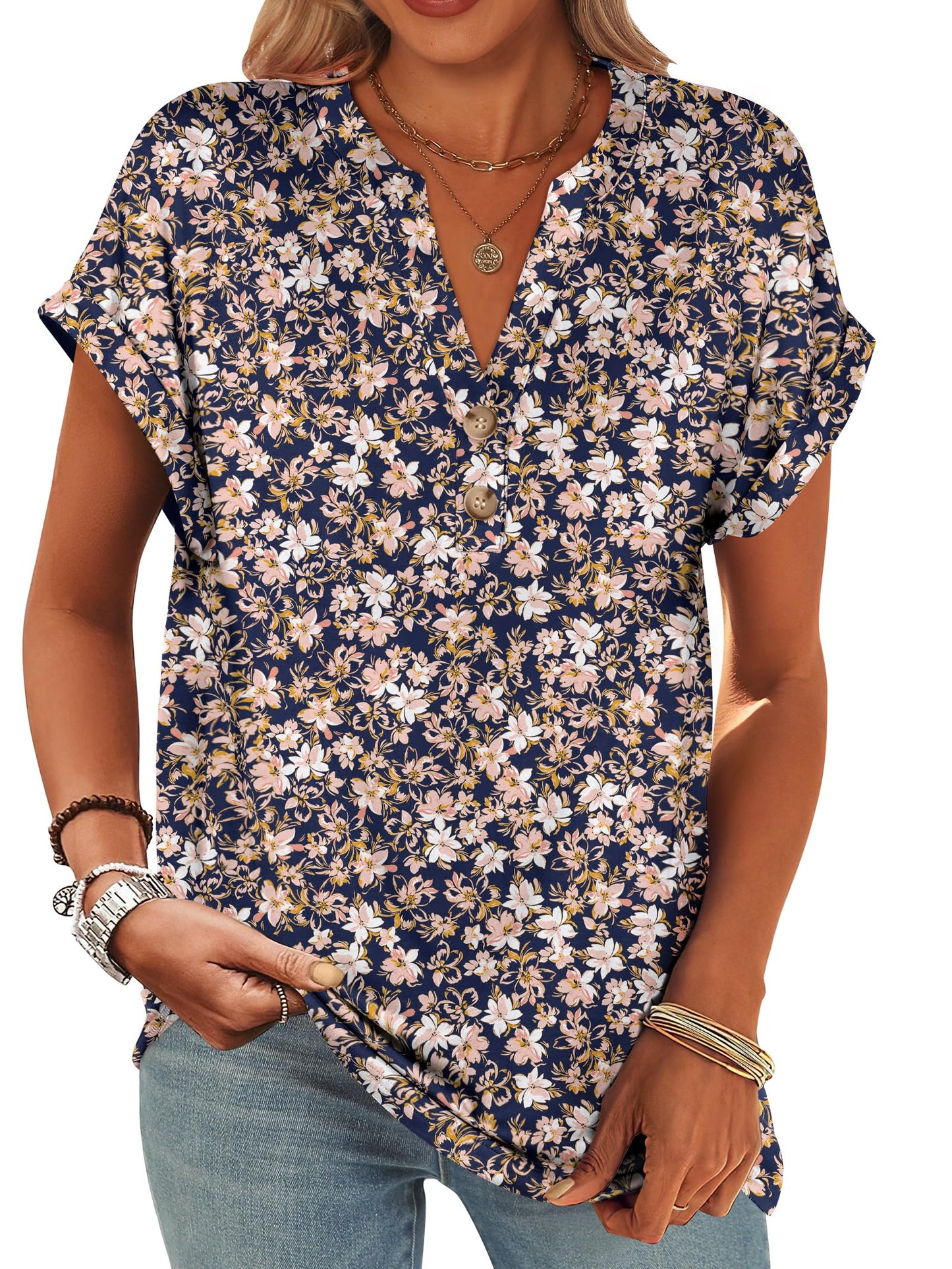 Short Sleeve Henley Tops V Neck Dressy Casual Loose Fit