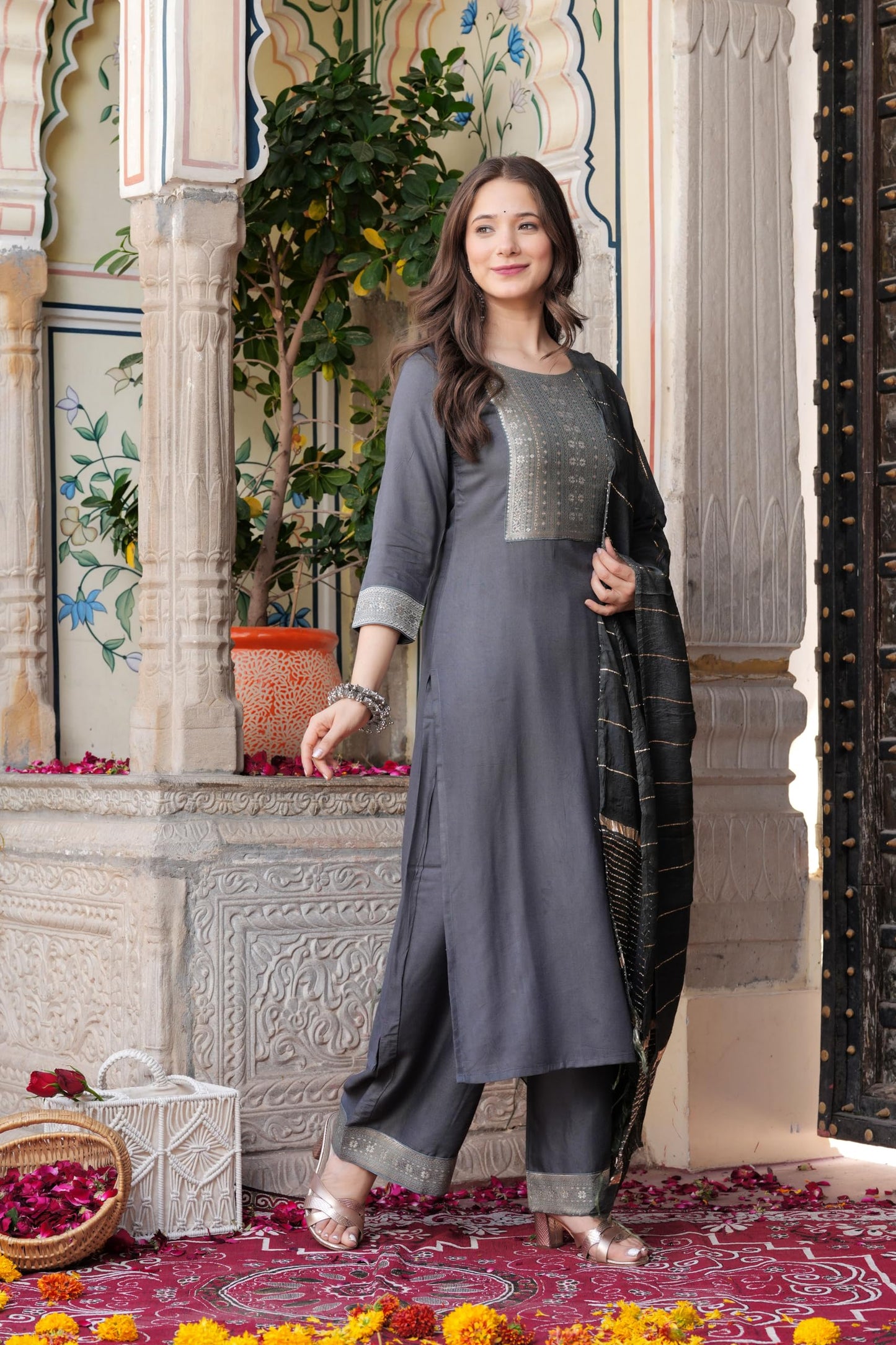 Solid Grey Rayon Kurti-Pajama – Straight Cut with Matching Dupatta