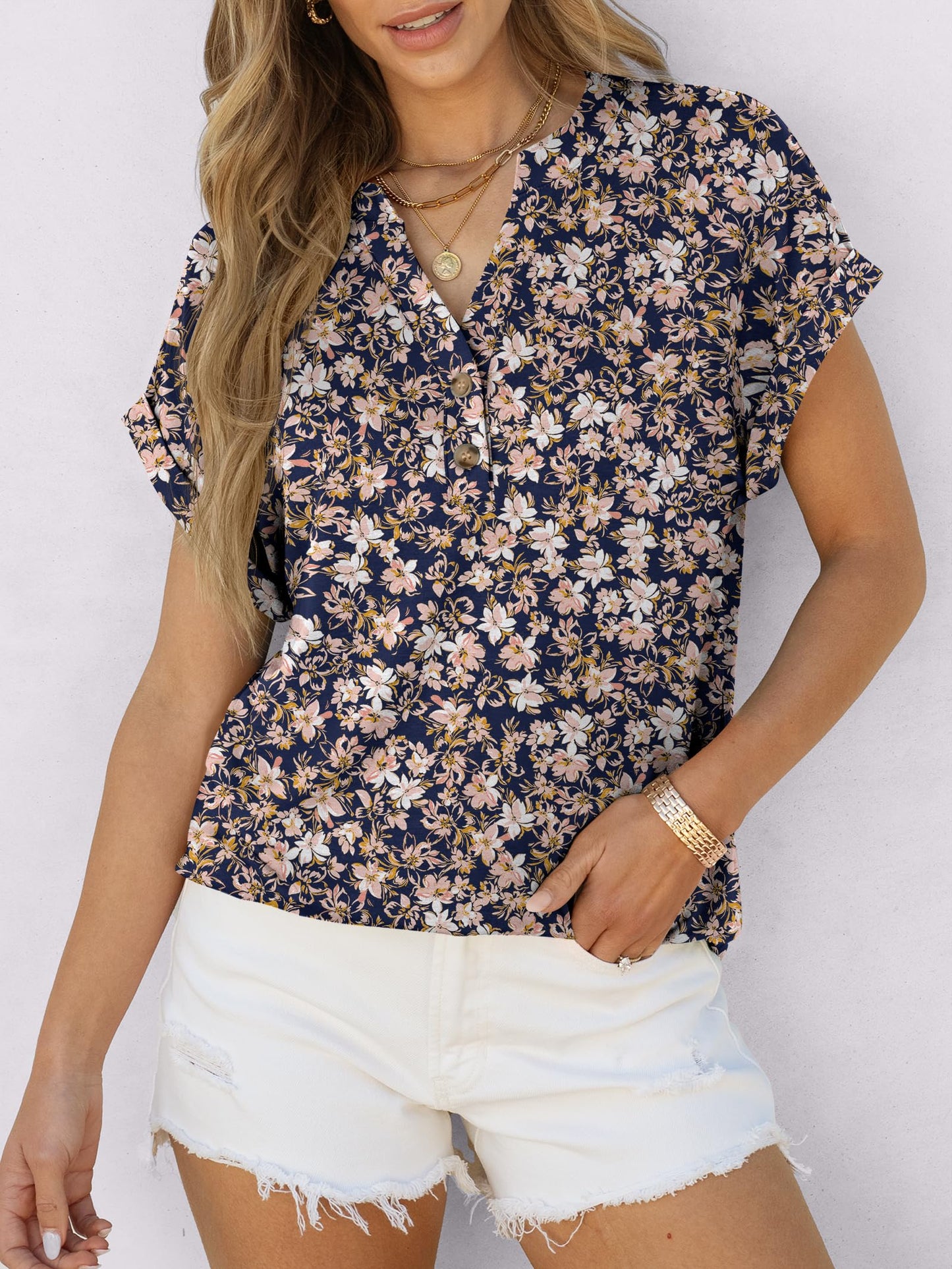 Short Sleeve Henley Tops V Neck Dressy Casual Loose Fit